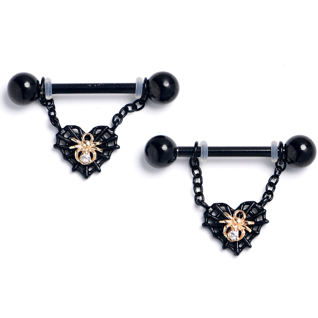 BodyCandy 14G 9/16 Clear Gem Black Golden Spider Web Dangle Nipple Ring Set — main product shot