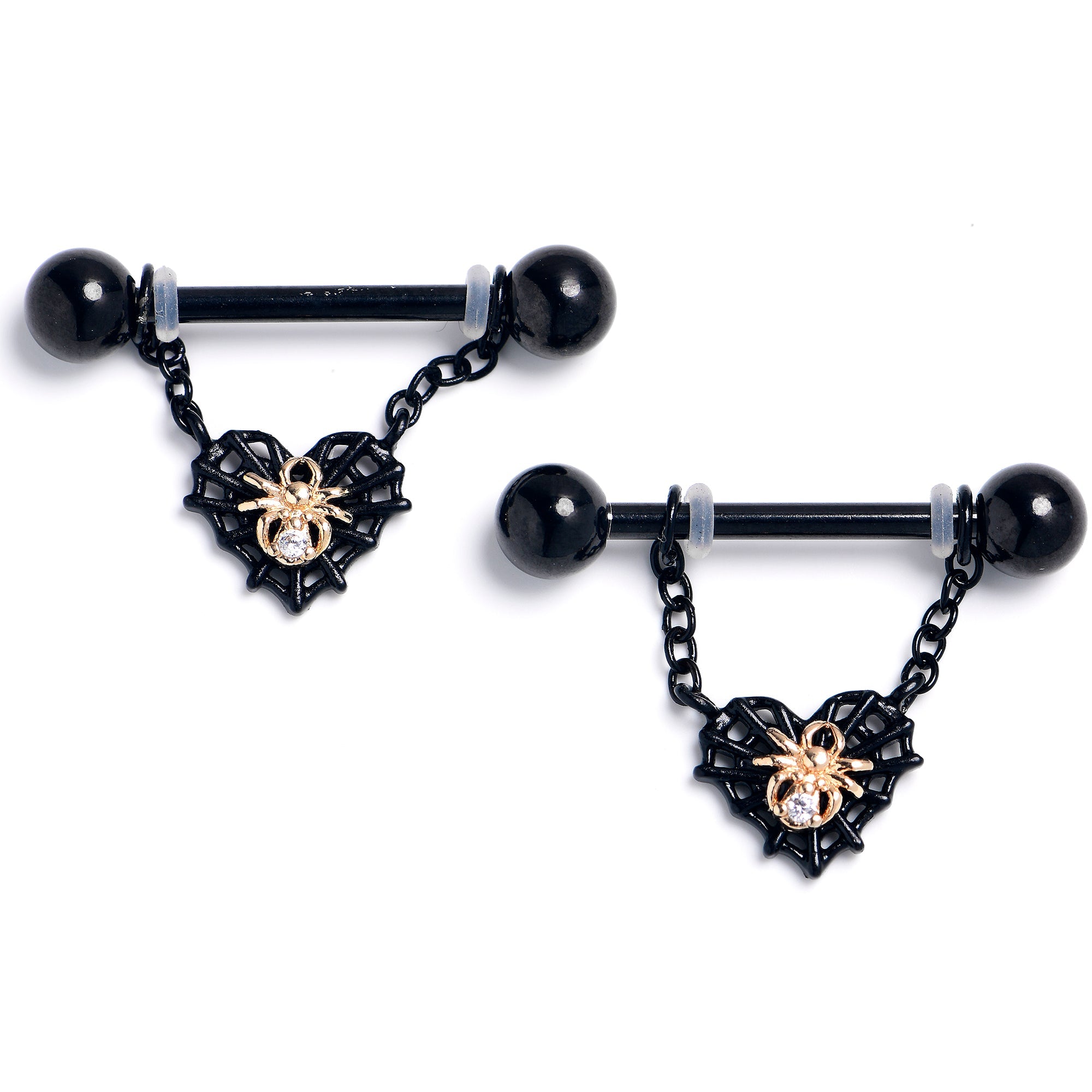 BodyCandy 14G 9/16 Clear Gem Black Golden Spider Web Dangle Nipple Ring Set — main product shot