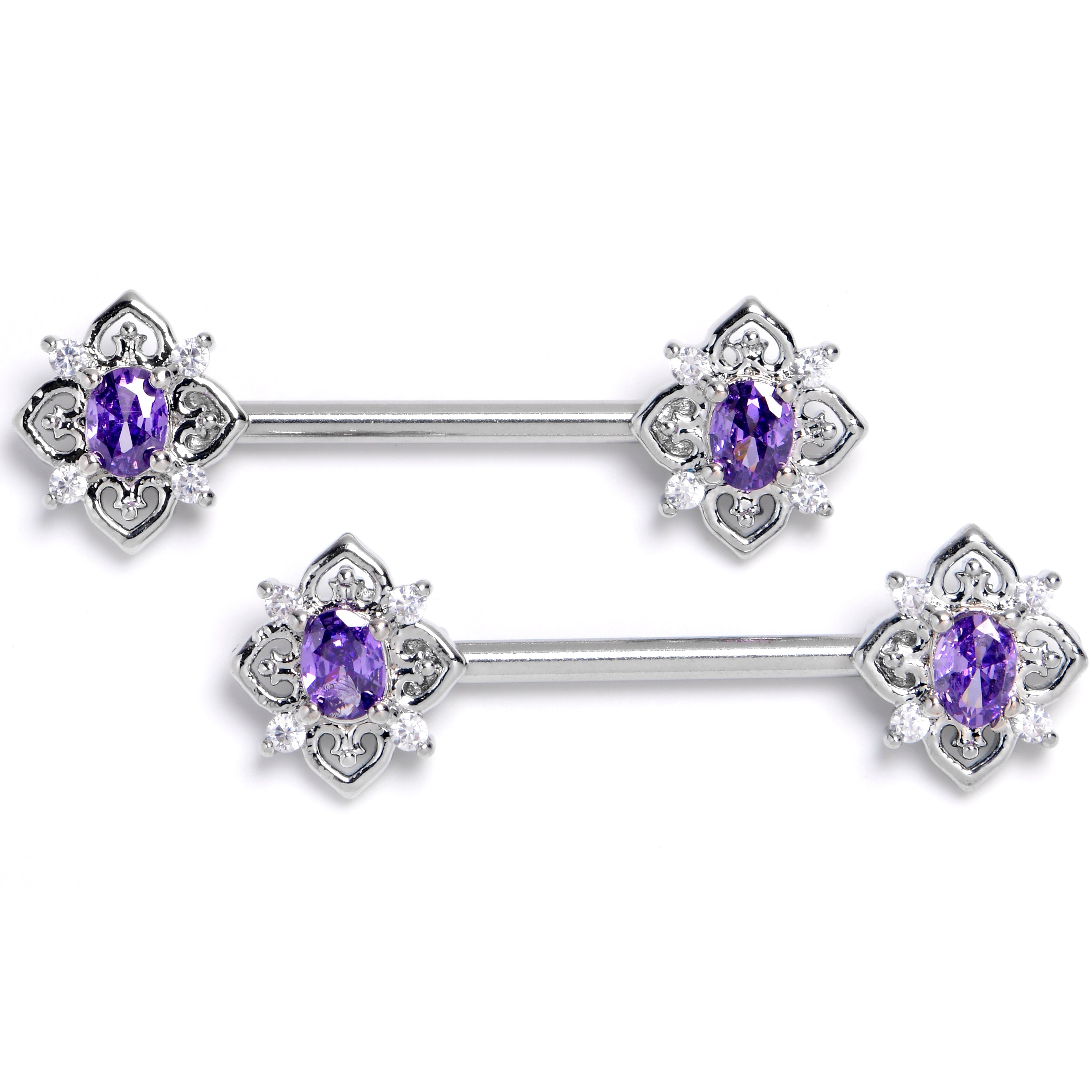 BodyCandy 14G 9/16 Purple Gem Lace Look Hearts Barbell Nipple Ring Set — main product shot