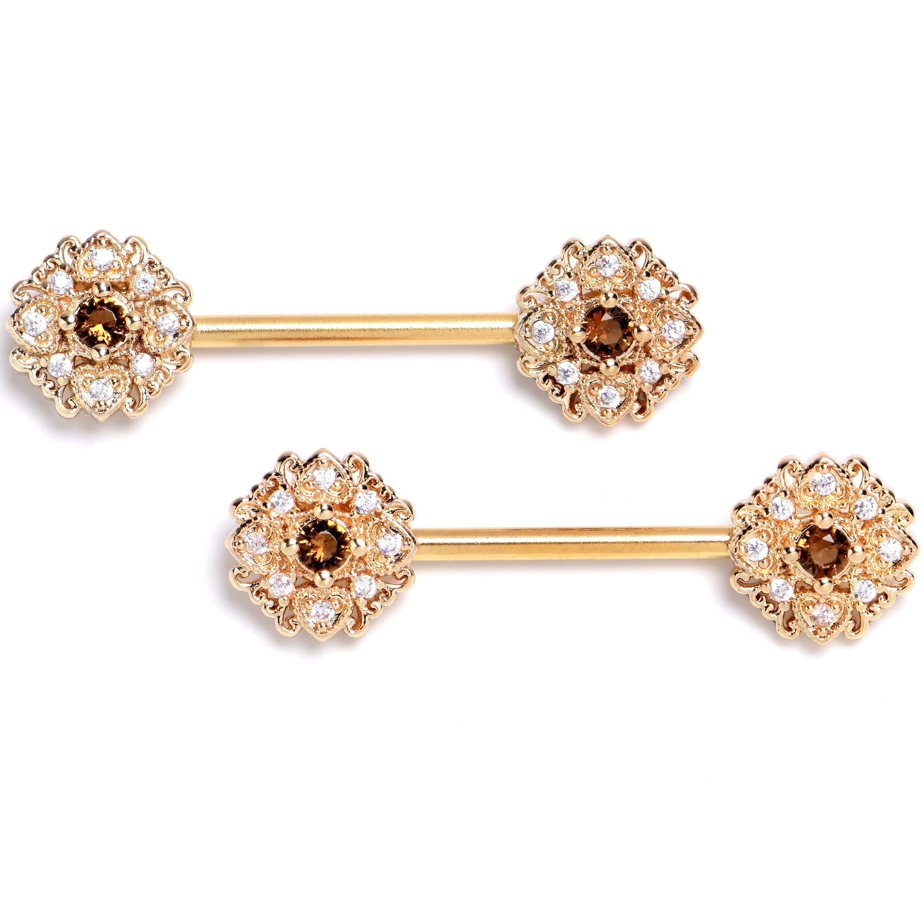 BodyCandy 14G 9/16 Yellow Gem Gold Tone Luxe Heart Barbell Nipple Ring Set — main product shot