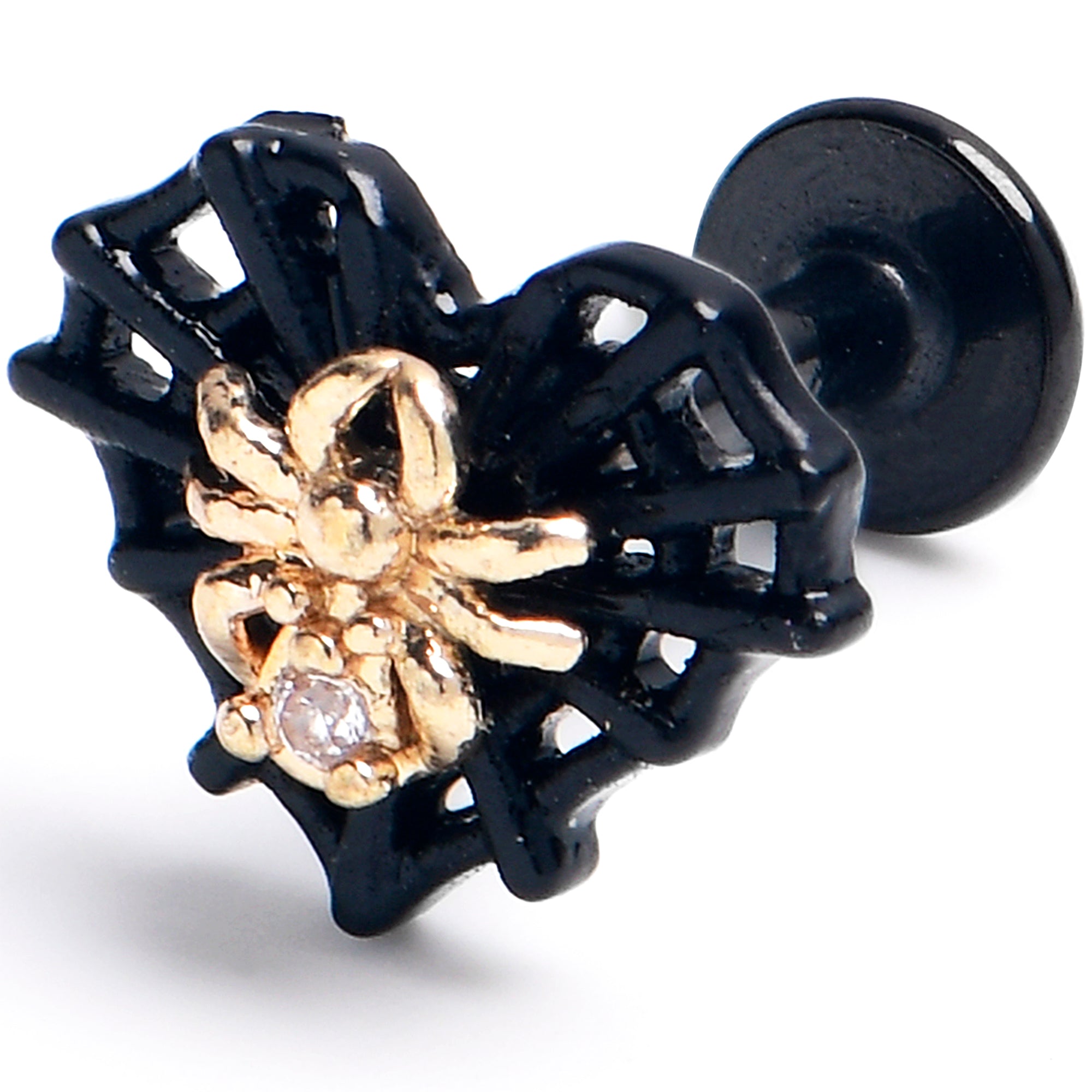 BodyCandy 16G 1/4 Clear Gem Black Golden Spider Web Heart Labret — main product shot