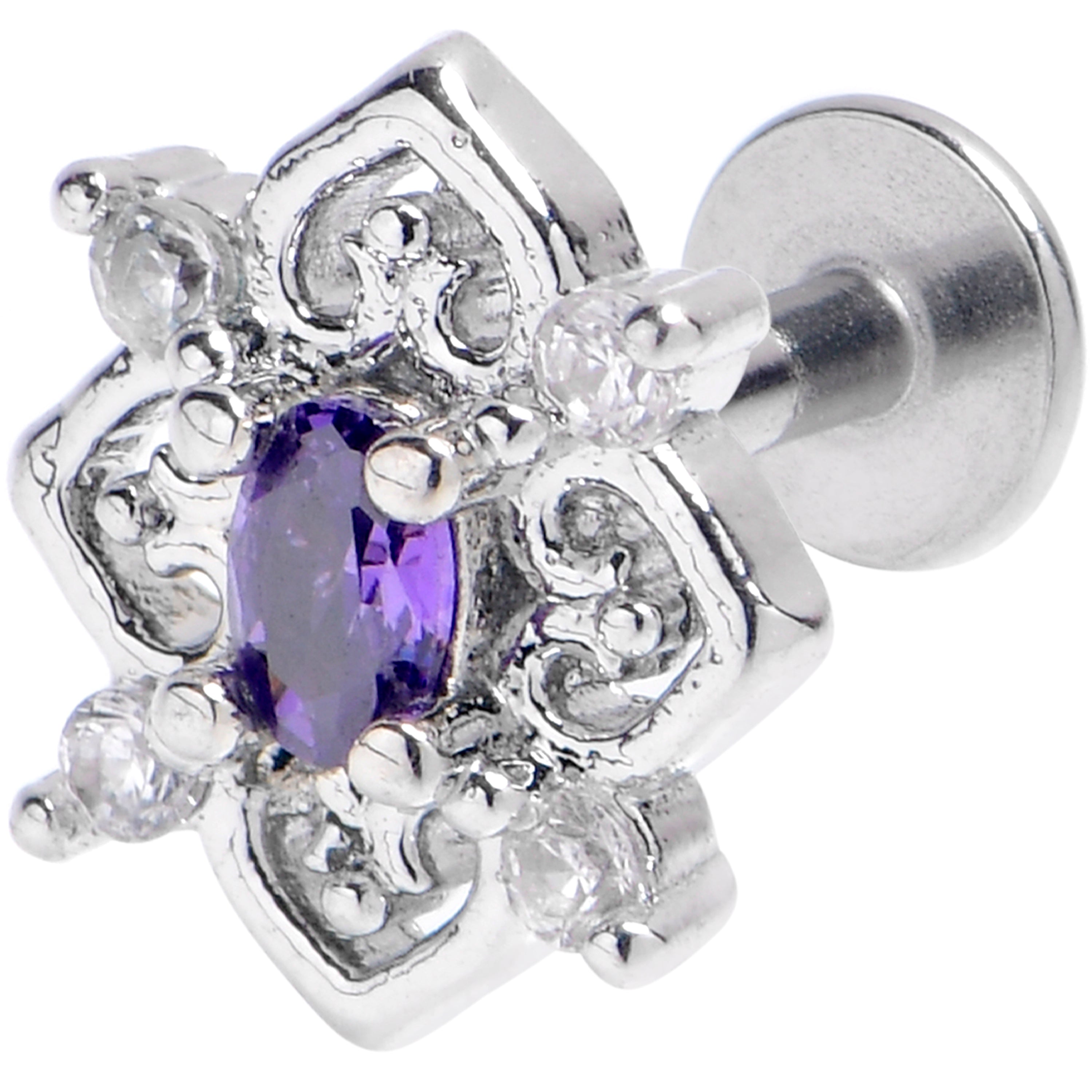 BodyCandy 16 Gage 1/4 Purple Gem Lace Look Hearts Labret Monroe Tragus — main product shot