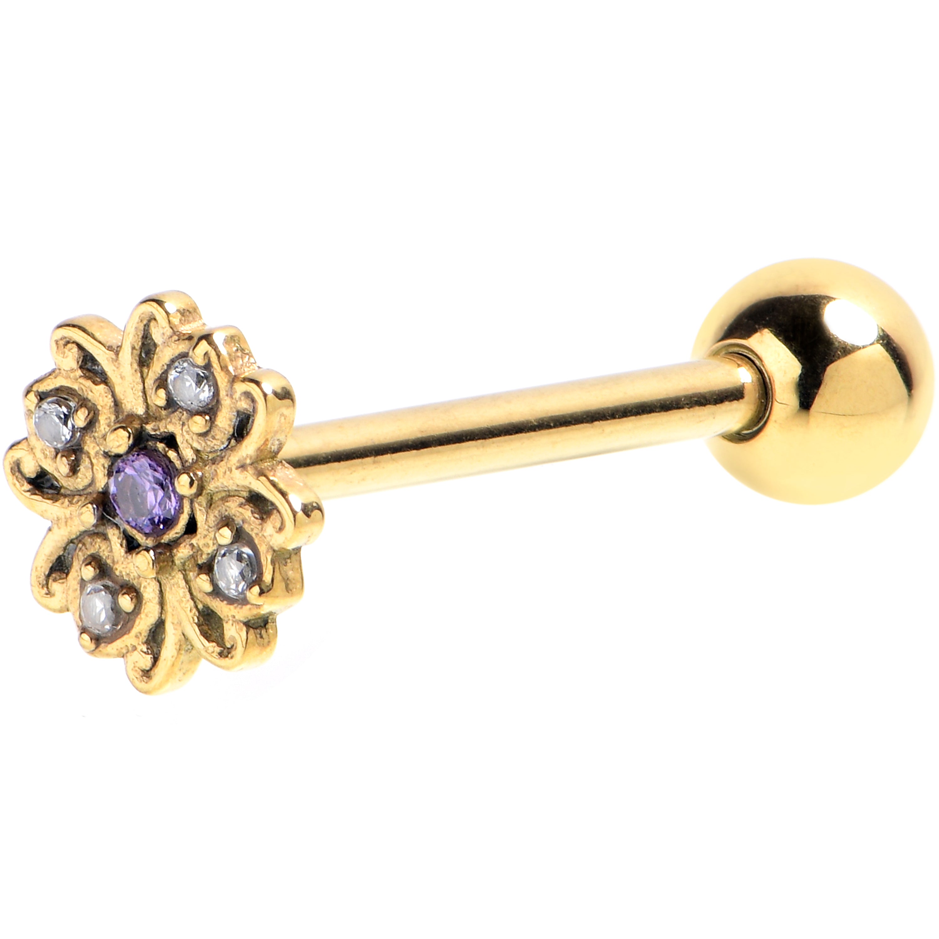 BodyCandy Clear Purple Gem Gold Tone Hearts In A Circle Barbell Tongue Ring — main product shot