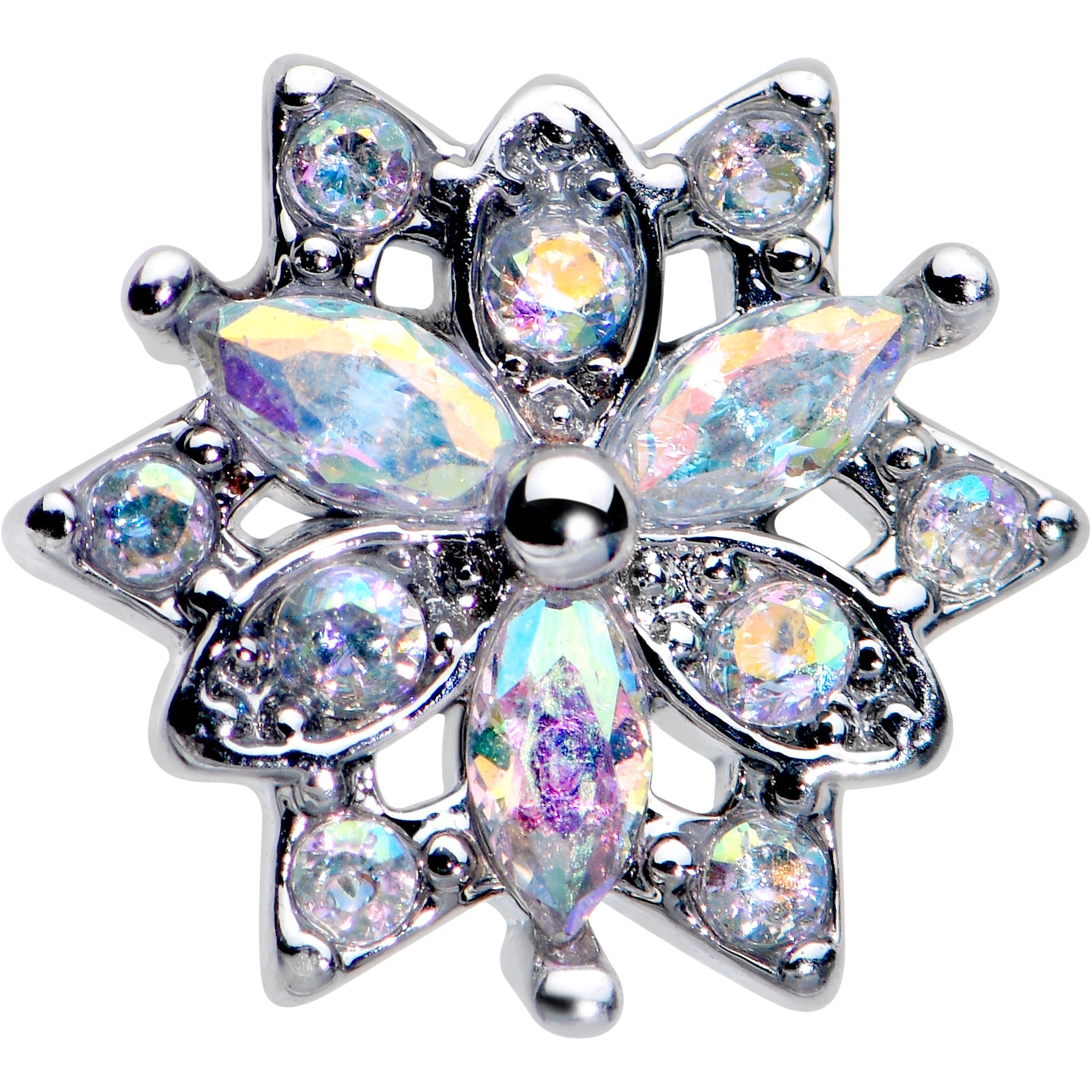 BodyCandy 16G 1/4 Aurora CZ Gem Snowflake Style Cartilage Tragus Earring — detail close-up