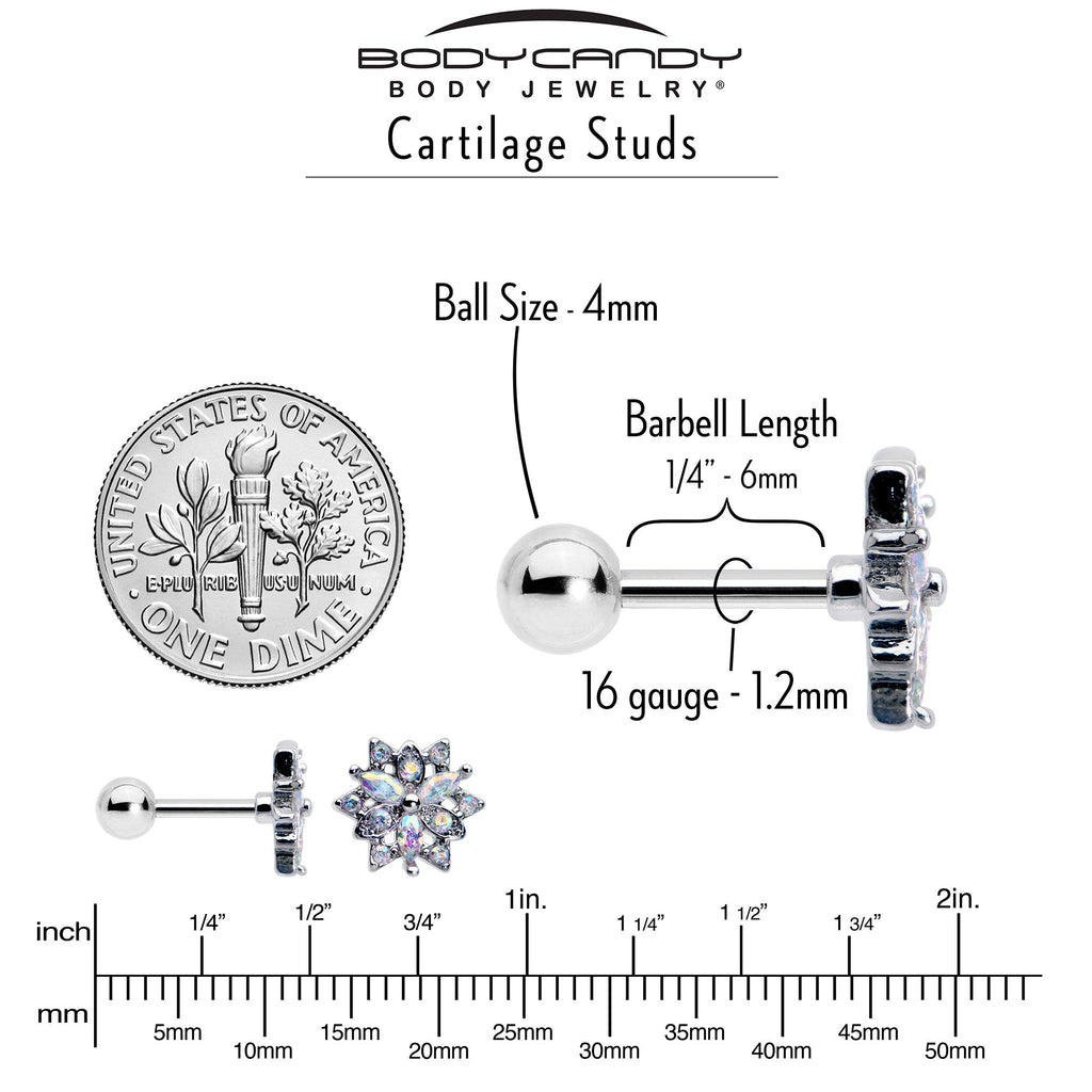BodyCandy 16G 1/4 Aurora CZ Gem Snowflake Style Cartilage Tragus Earring — back view