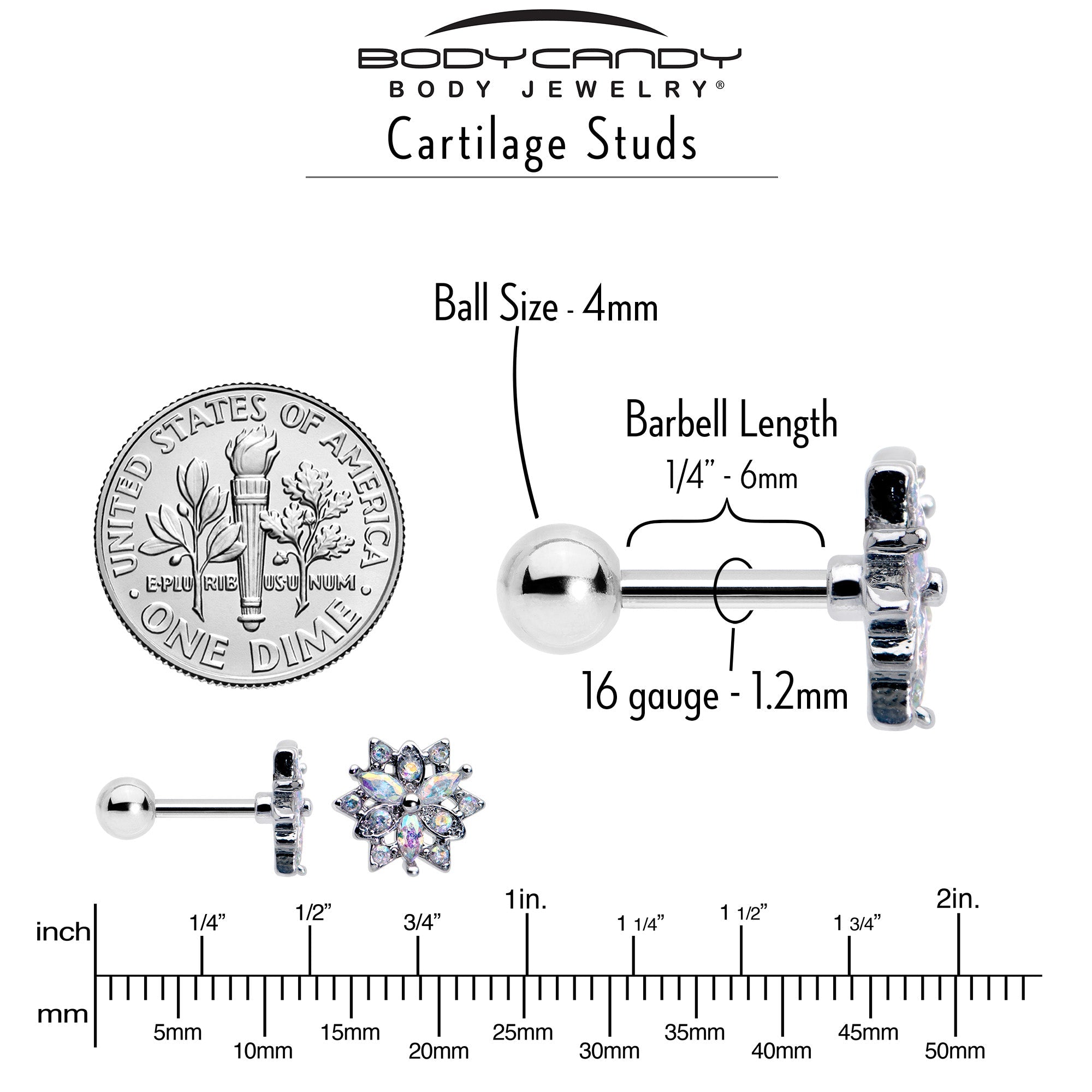 BodyCandy 16G 1/4 Aurora CZ Gem Snowflake Style Cartilage Tragus Earring — back view