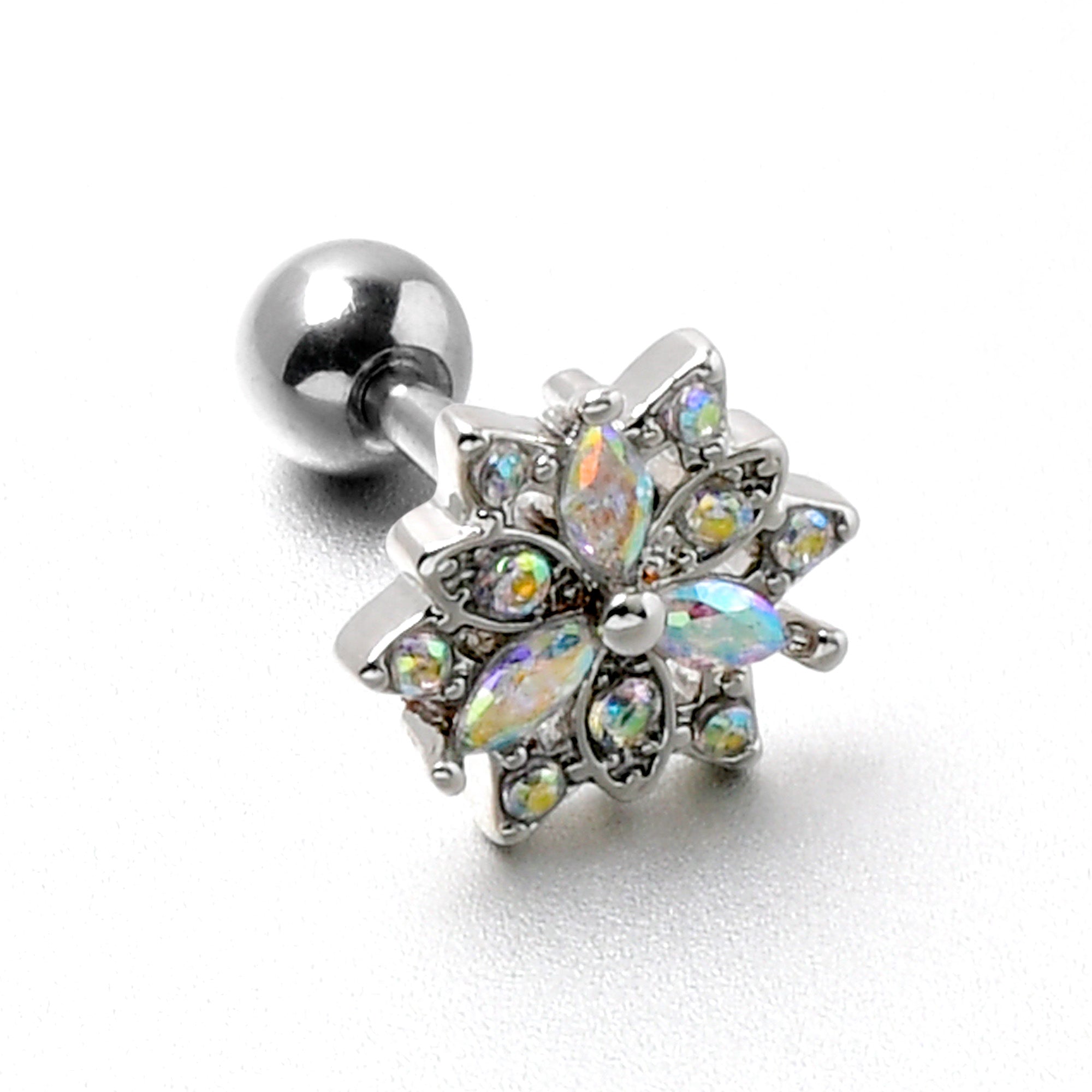 BodyCandy 16G 1/4 Aurora CZ Gem Snowflake Style Cartilage Tragus Earring — in-use photo