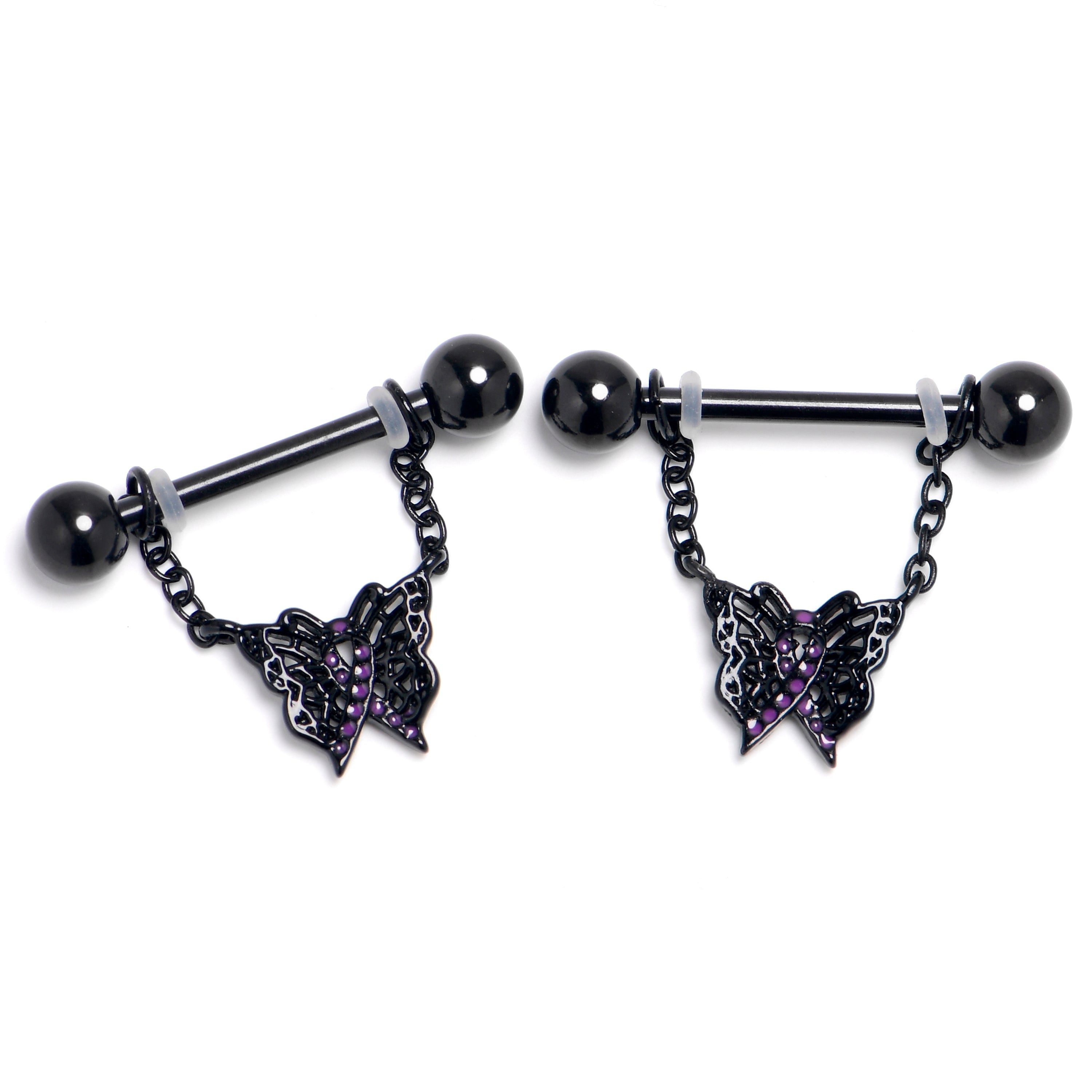 BodyCandy 14G 9/16 Black Butterfly In Flight Chain Dangle Nipple Ring Set — main product shot