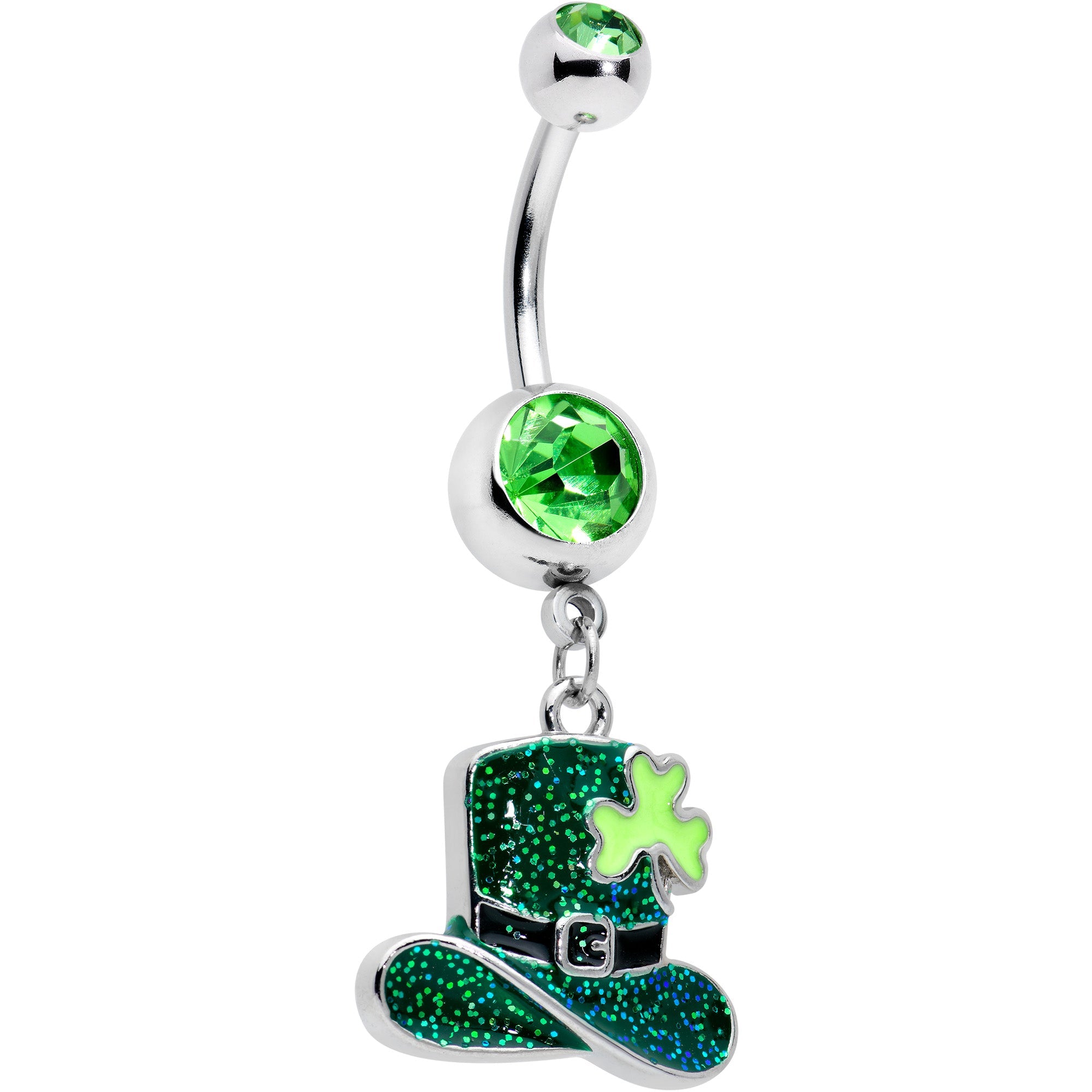 BodyCandy Green Gem Glitter Top Hat Shamrock St Patricks Day Dangle Belly Ring — main product shot