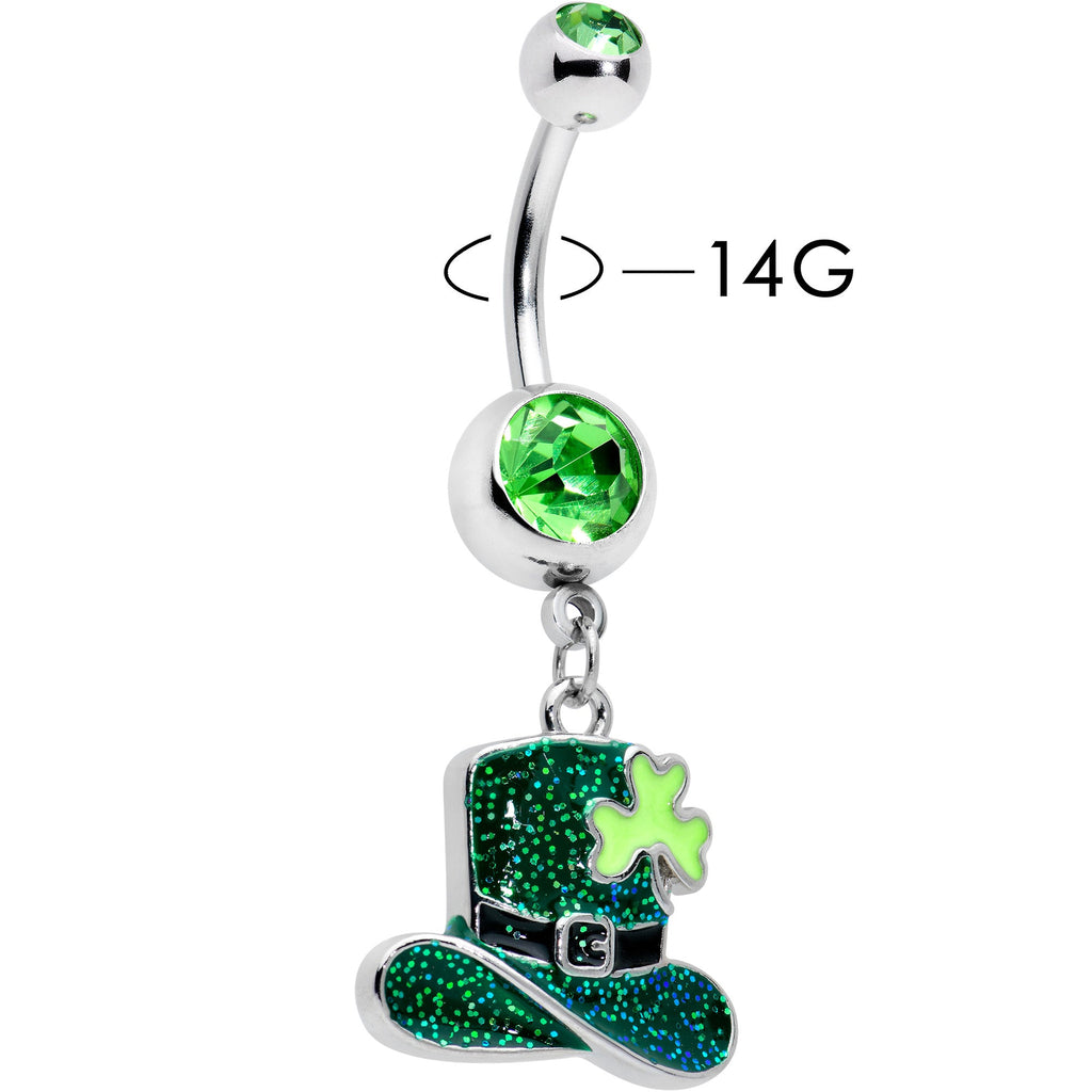 BodyCandy Green Gem Glitter Top Hat Shamrock St Patricks Day Dangle Belly Ring — detail close-up