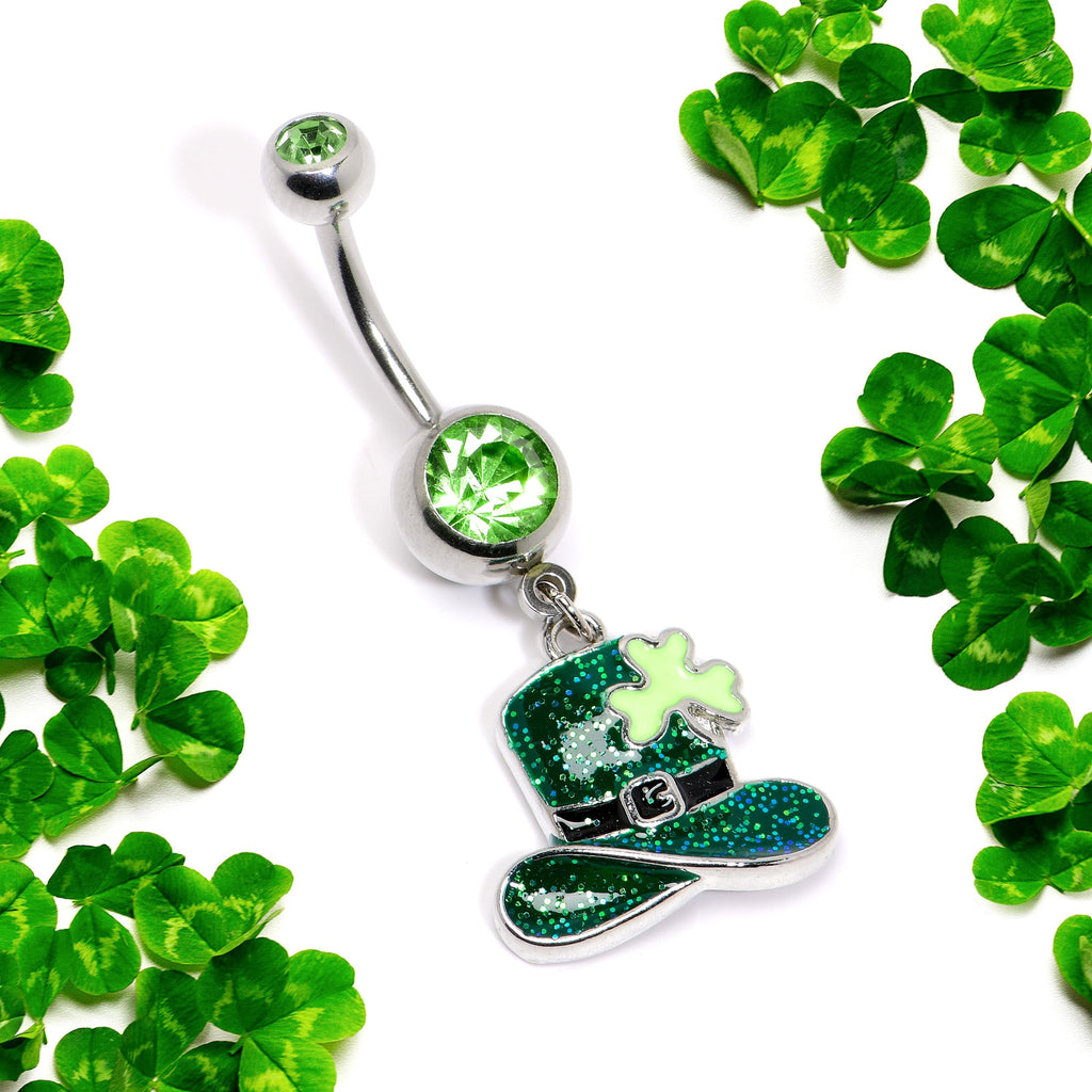BodyCandy Green Gem Glitter Top Hat Shamrock St Patricks Day Dangle Belly Ring — side view