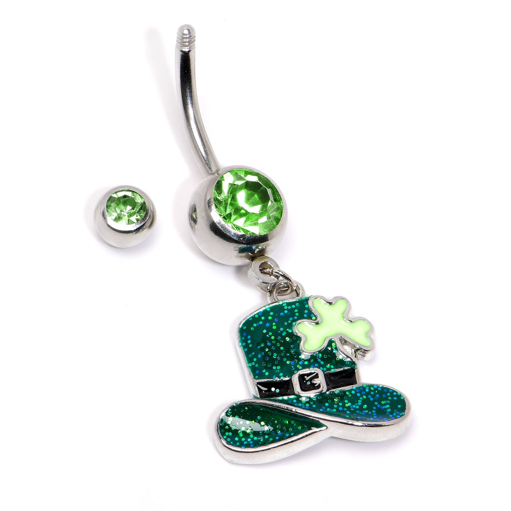 BodyCandy Green Gem Glitter Top Hat Shamrock St Patricks Day Dangle Belly Ring — back view