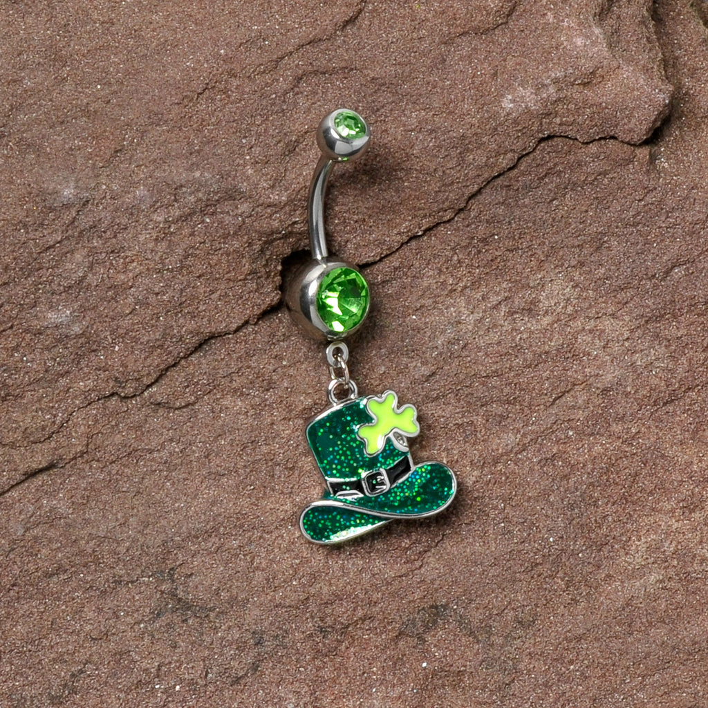 BodyCandy Green Gem Glitter Top Hat Shamrock St Patricks Day Dangle Belly Ring — alternative angle