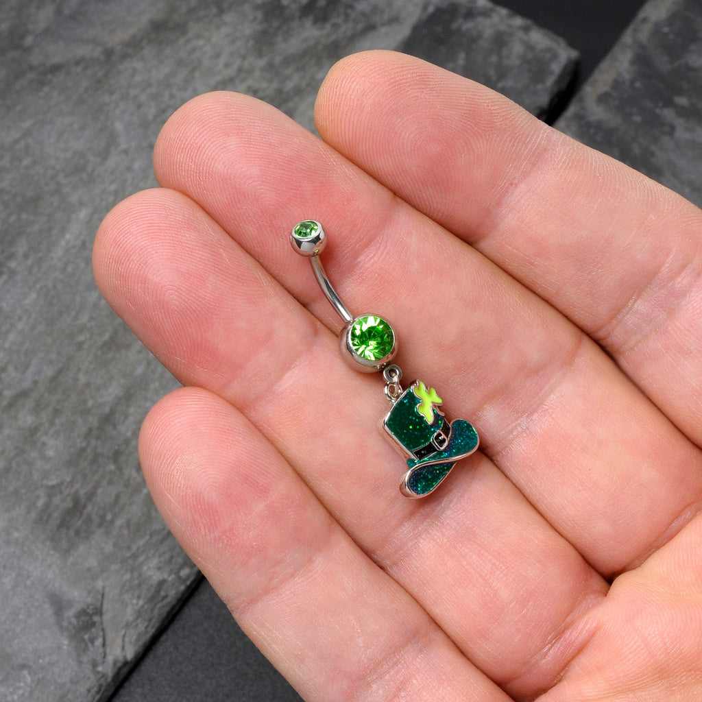 BodyCandy Green Gem Glitter Top Hat Shamrock St Patricks Day Dangle Belly Ring — size reference