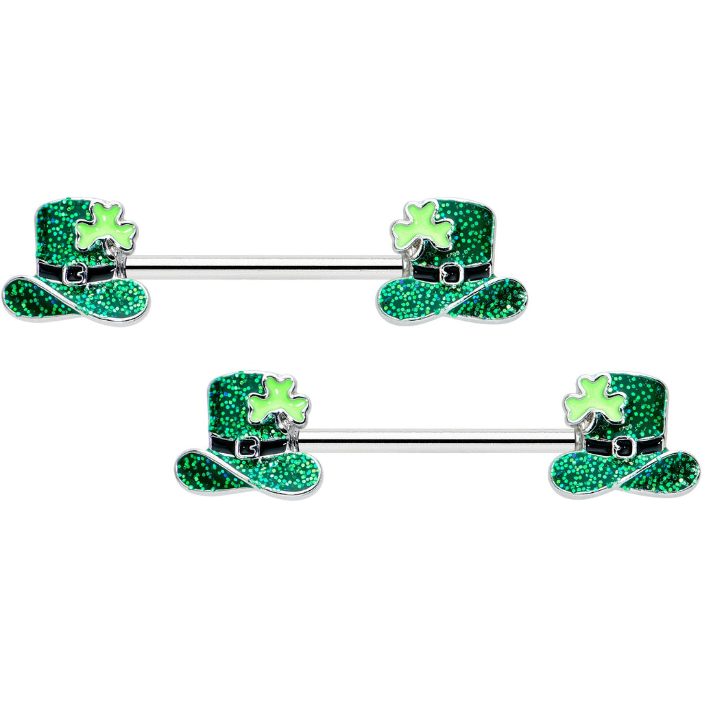 BodyCandy 14G 9/16 Glitter Top Hat Shamrock Barbell Nipple Ring Set — main product shot