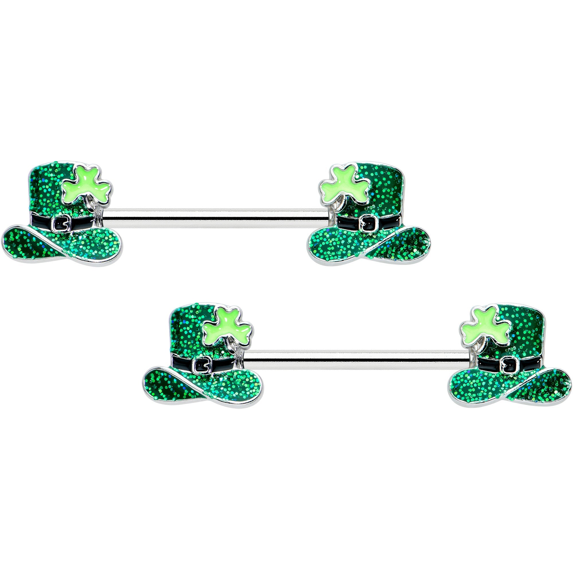 BodyCandy 14G 9/16 Glitter Top Hat Shamrock Barbell Nipple Ring Set — main product shot