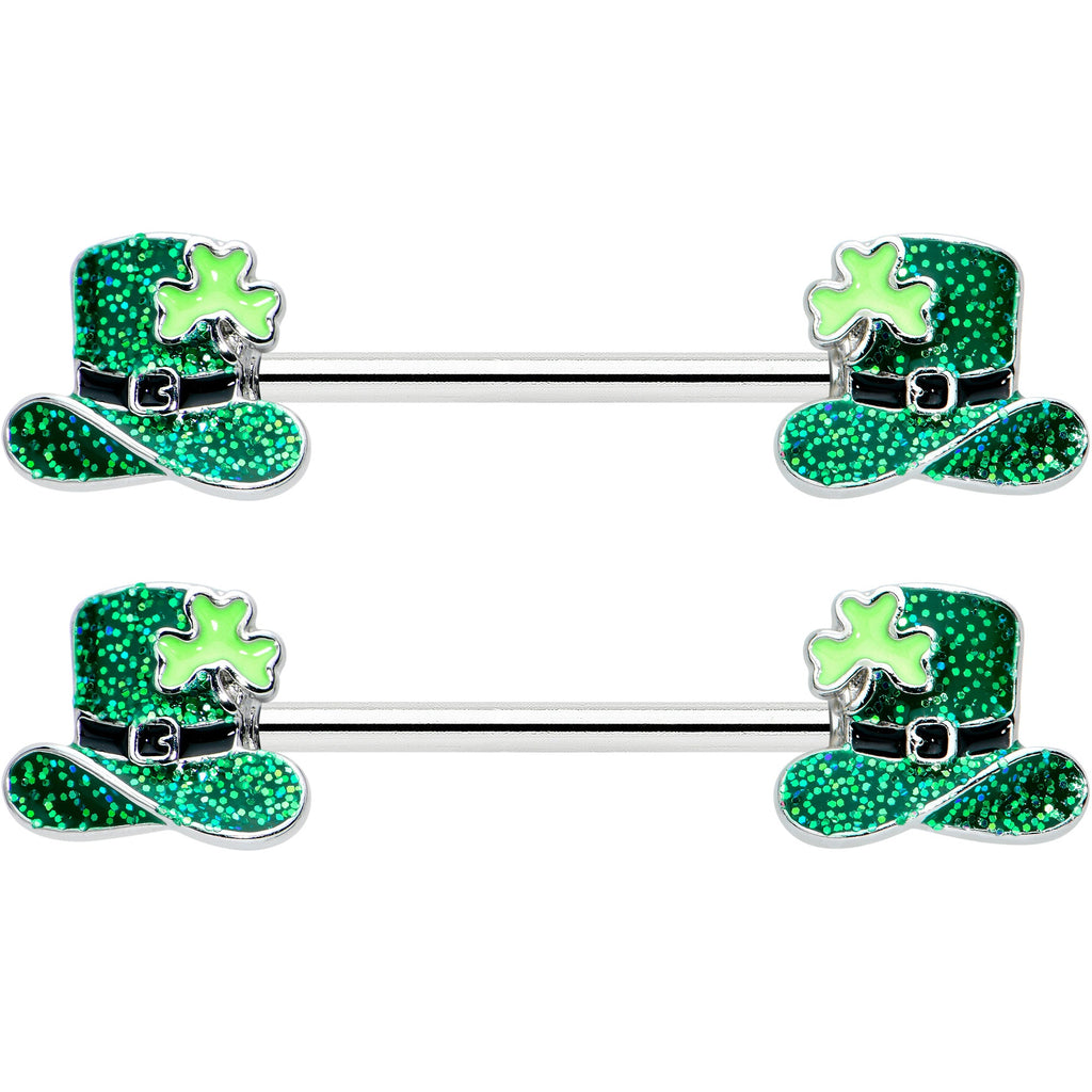 BodyCandy 14G 9/16 Glitter Top Hat Shamrock Barbell Nipple Ring Set — detail close-up