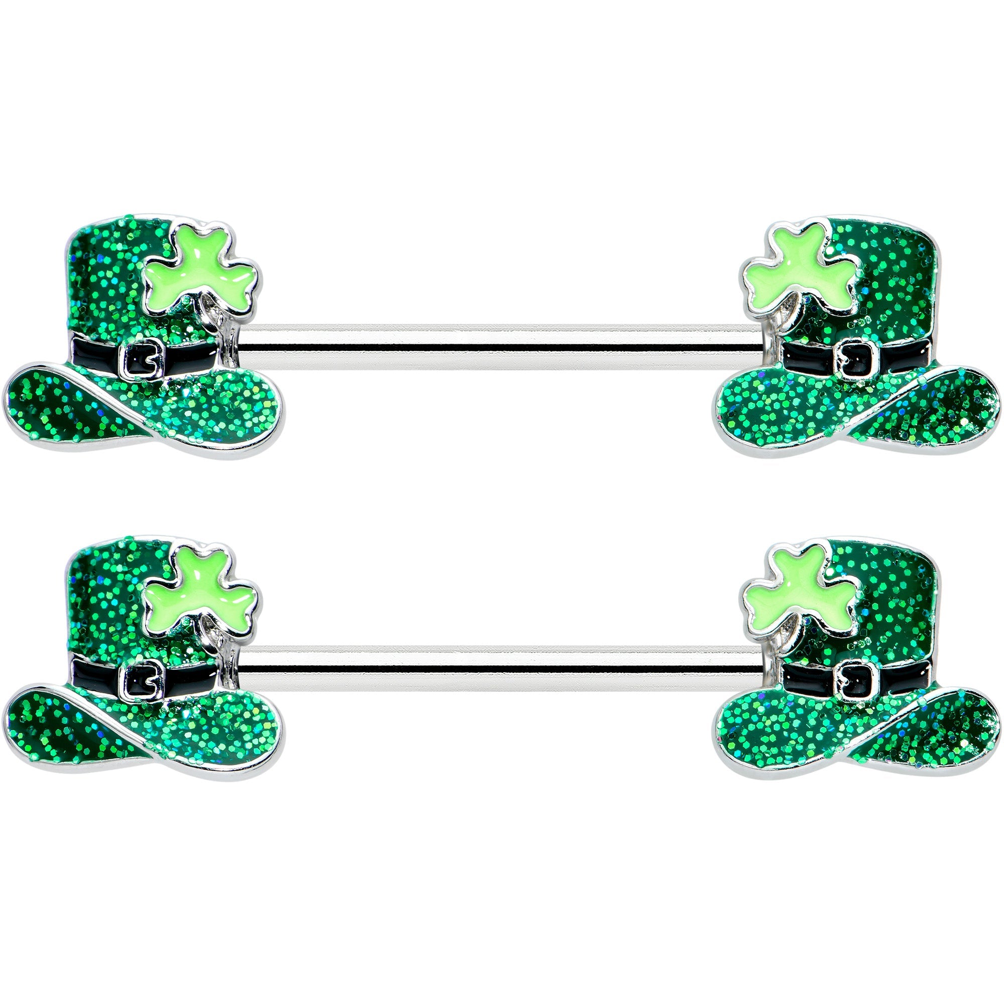 BodyCandy 14G 9/16 Glitter Top Hat Shamrock Barbell Nipple Ring Set — detail close-up