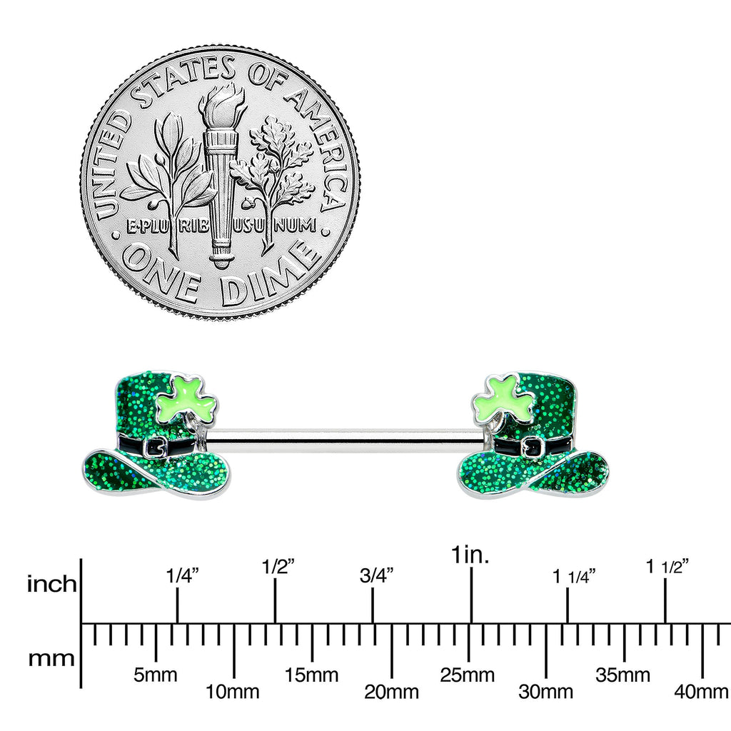 BodyCandy 14G 9/16 Glitter Top Hat Shamrock Barbell Nipple Ring Set — lifestyle context