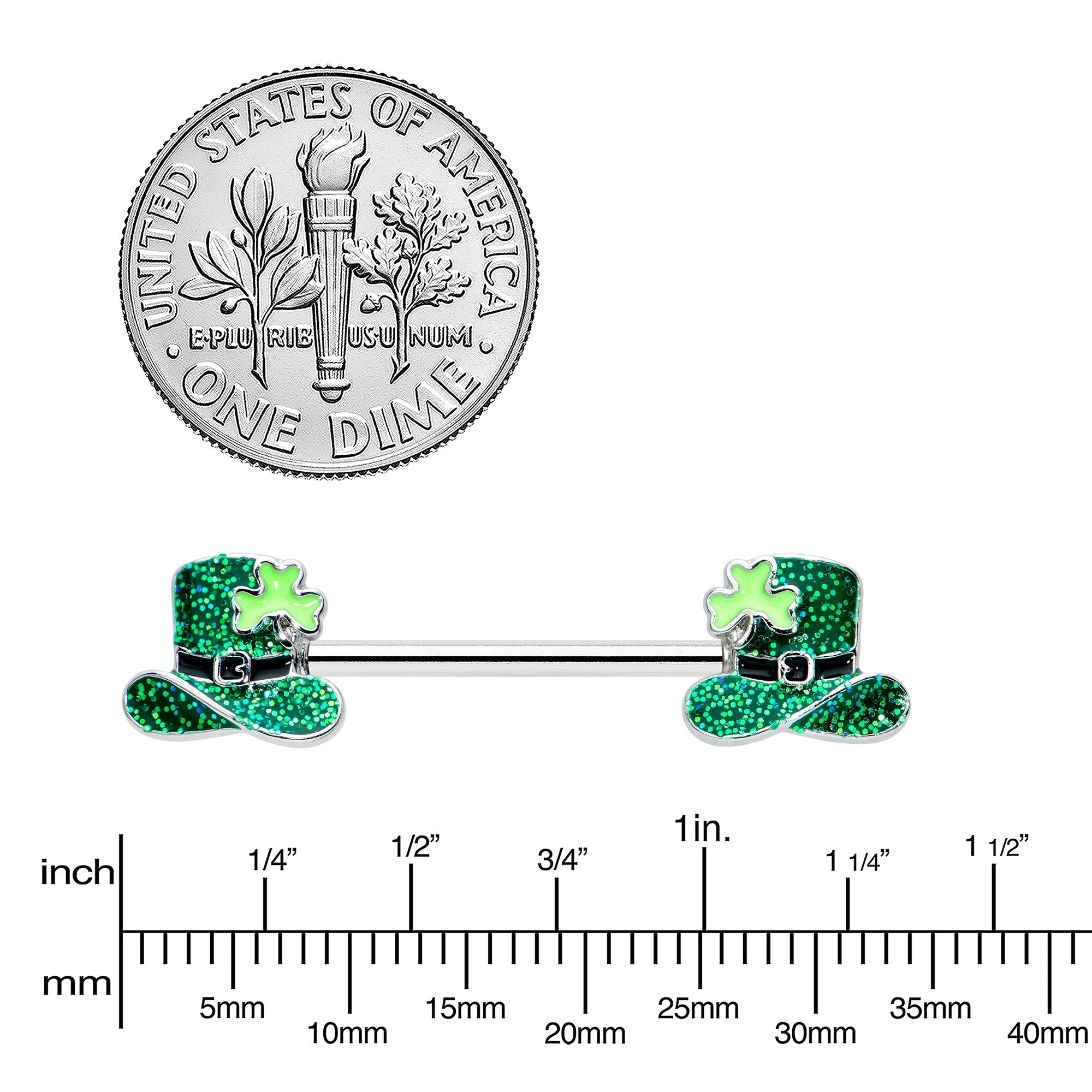 BodyCandy 14G 9/16 Glitter Top Hat Shamrock Barbell Nipple Ring Set — lifestyle context