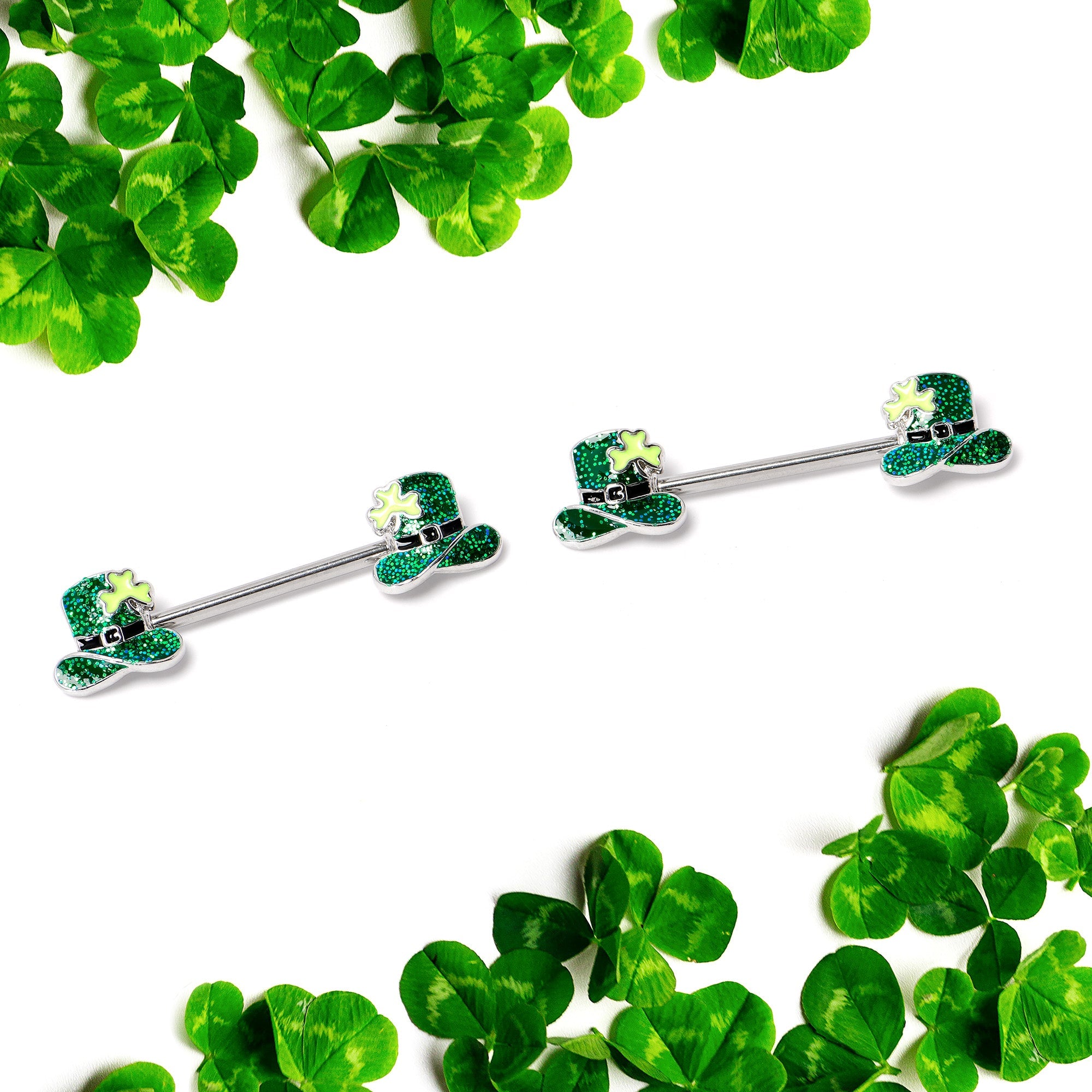 BodyCandy 14G 9/16 Glitter Top Hat Shamrock Barbell Nipple Ring Set — side view