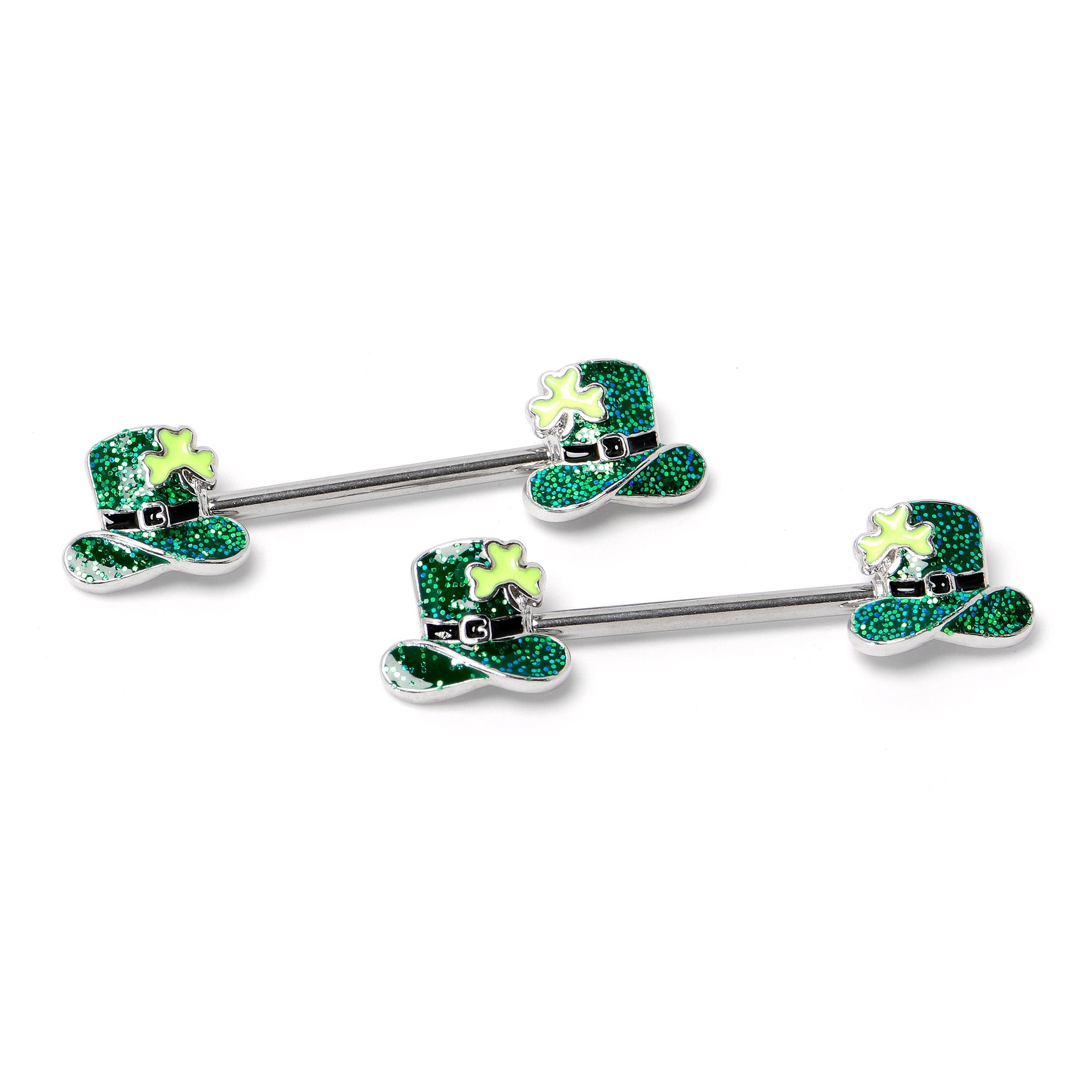 BodyCandy 14G 9/16 Glitter Top Hat Shamrock Barbell Nipple Ring Set — back view
