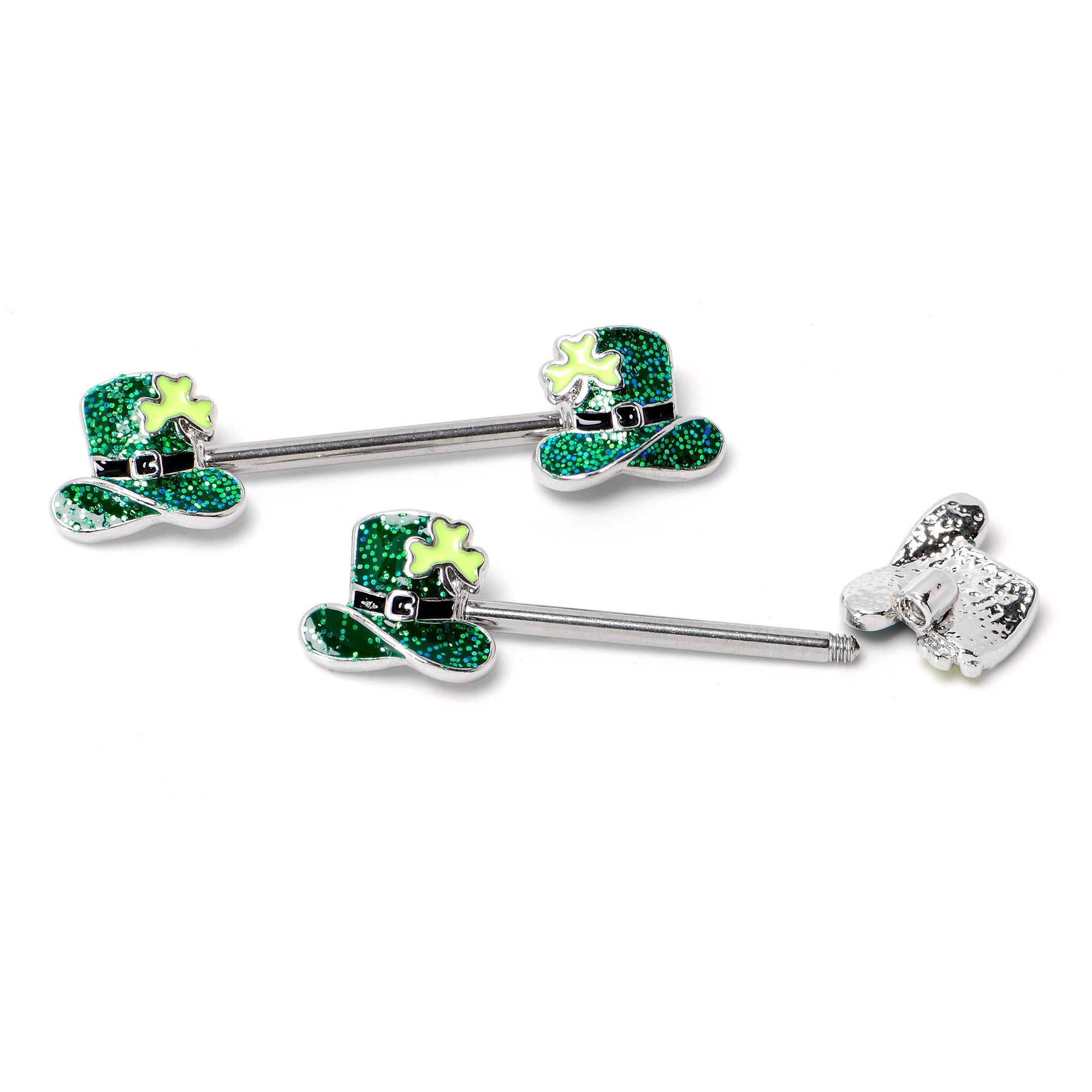 BodyCandy 14G 9/16 Glitter Top Hat Shamrock Barbell Nipple Ring Set — alternative angle