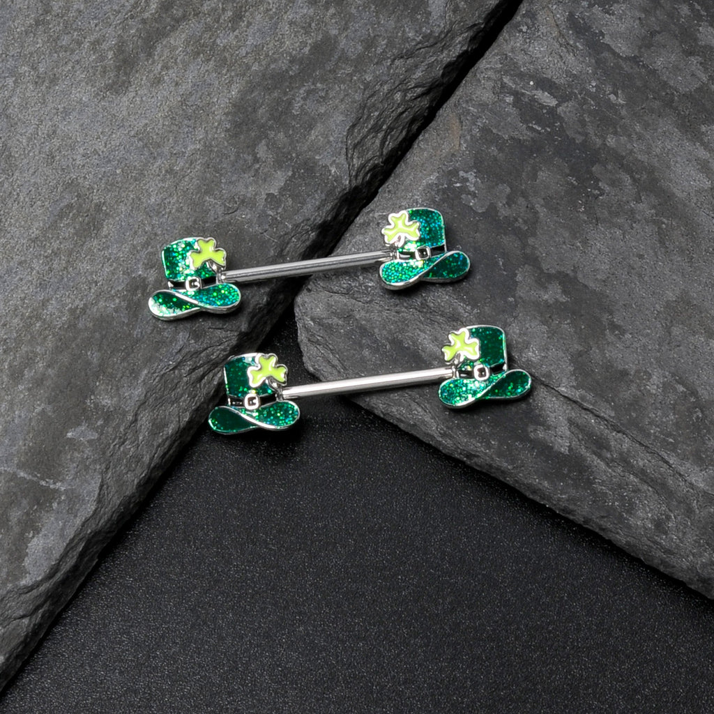 BodyCandy 14G 9/16 Glitter Top Hat Shamrock Barbell Nipple Ring Set — in-use photo