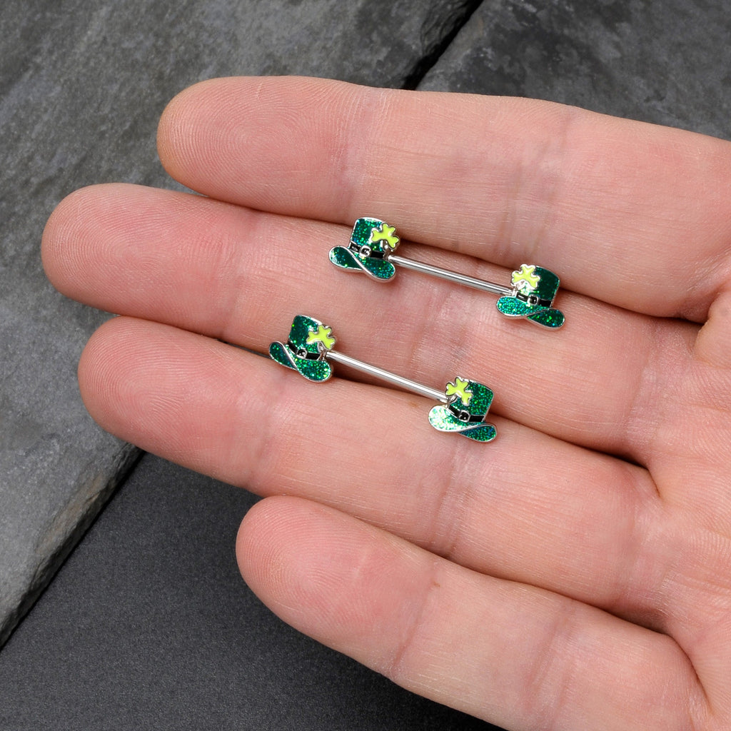 BodyCandy 14G 9/16 Glitter Top Hat Shamrock Barbell Nipple Ring Set — size reference
