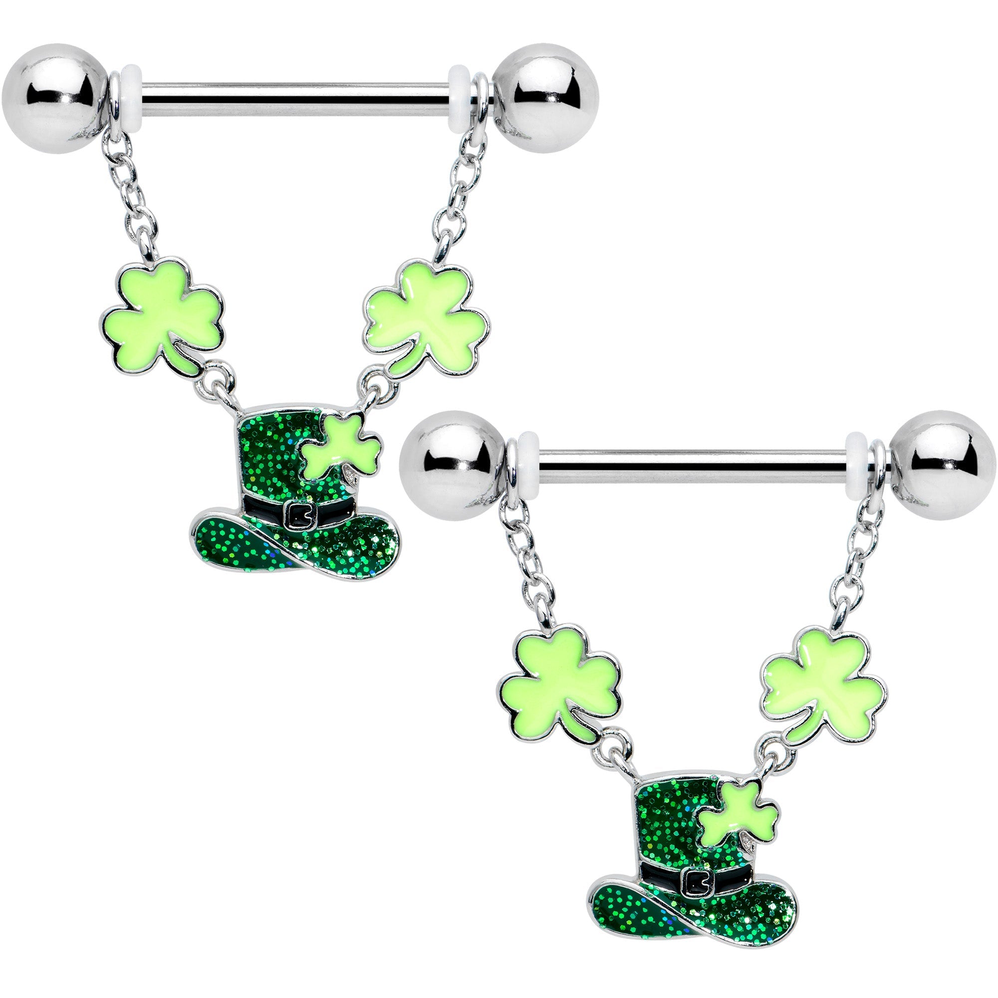 BodyCandy 14G 9/16 Glitter Top Hat Shamrock Chain Dangle Nipple Ring Set — main product shot