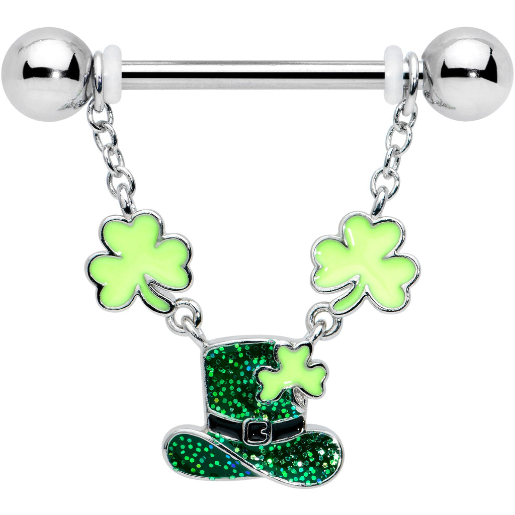 BodyCandy 14G 9/16 Glitter Top Hat Shamrock Chain Dangle Nipple Ring Set — detail close-up