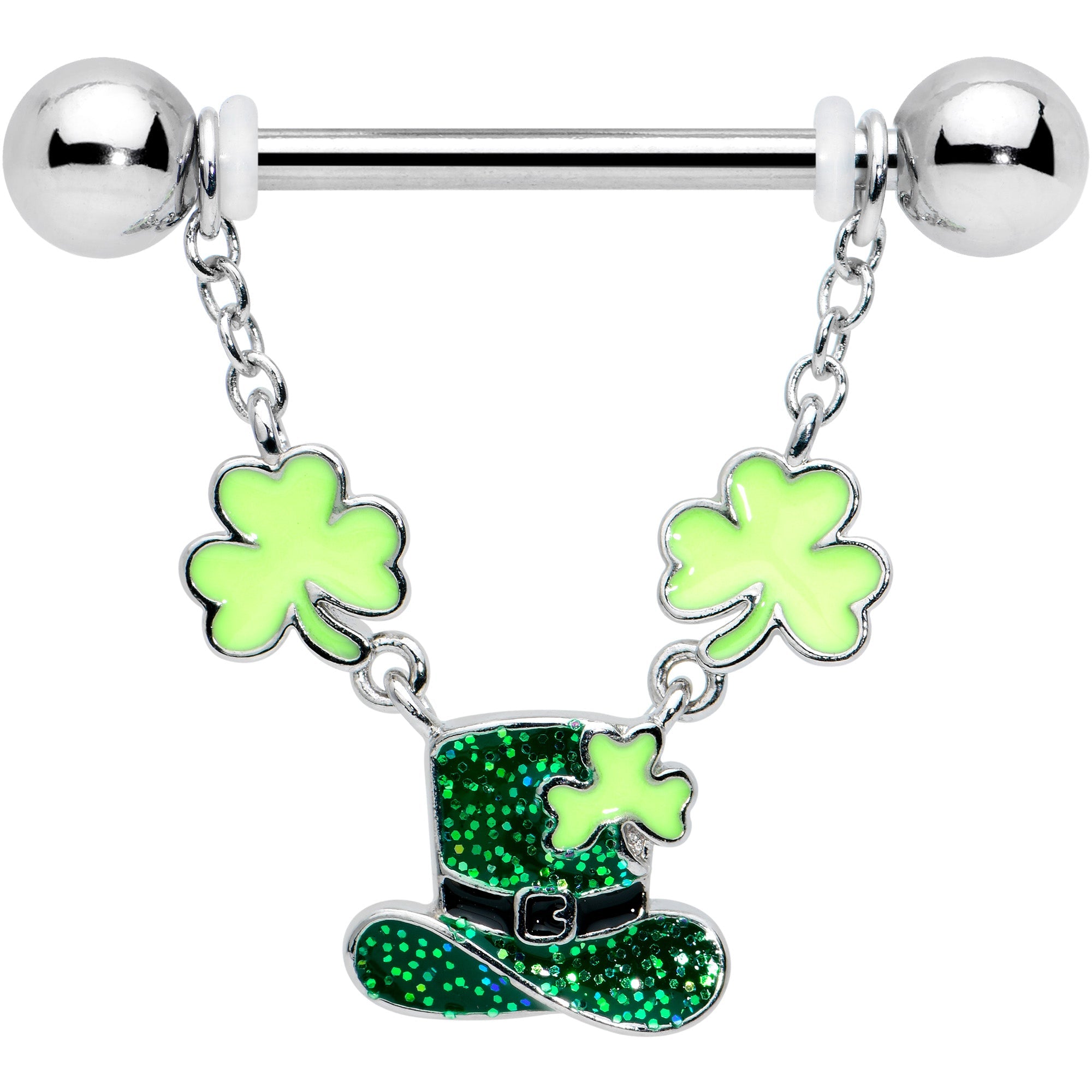 BodyCandy 14G 9/16 Glitter Top Hat Shamrock Chain Dangle Nipple Ring Set — detail close-up