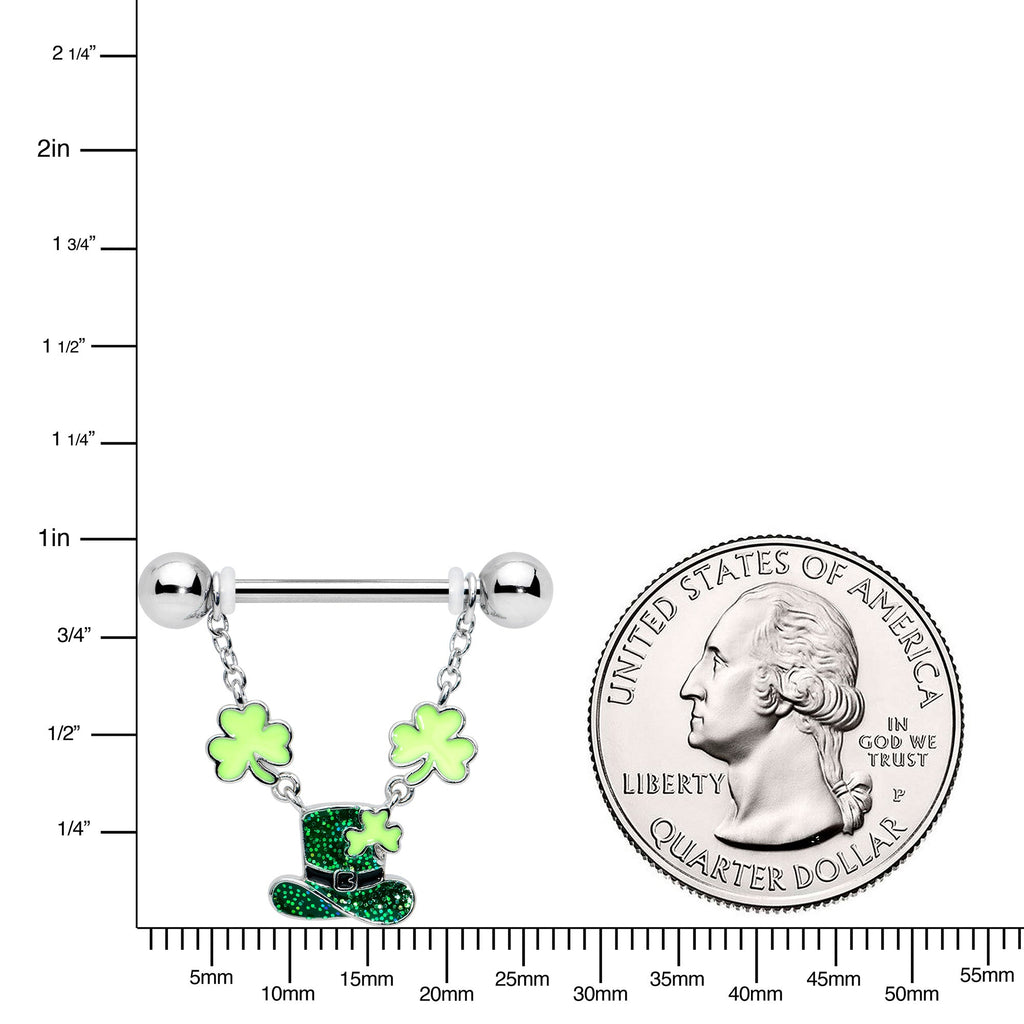 BodyCandy 14G 9/16 Glitter Top Hat Shamrock Chain Dangle Nipple Ring Set — lifestyle context
