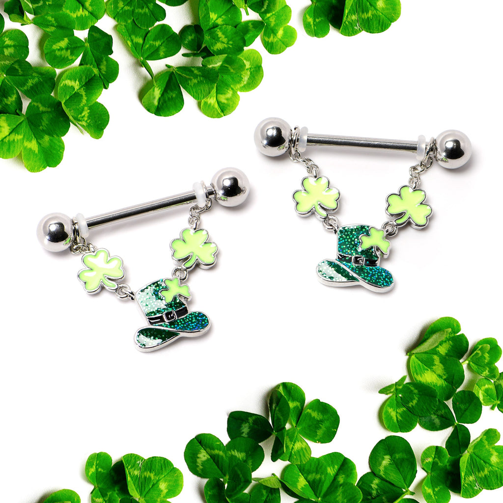 BodyCandy 14G 9/16 Glitter Top Hat Shamrock Chain Dangle Nipple Ring Set — side view