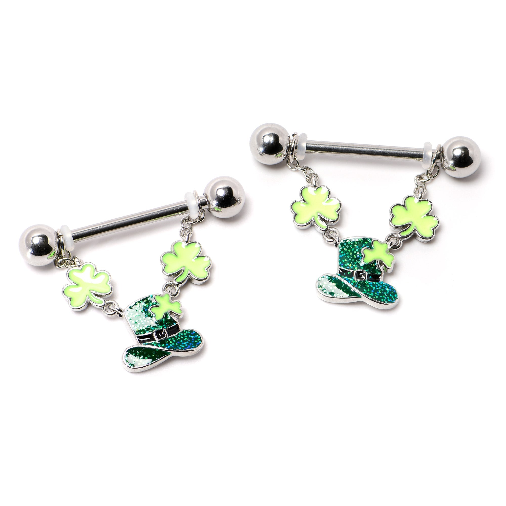 BodyCandy 14G 9/16 Glitter Top Hat Shamrock Chain Dangle Nipple Ring Set — back view