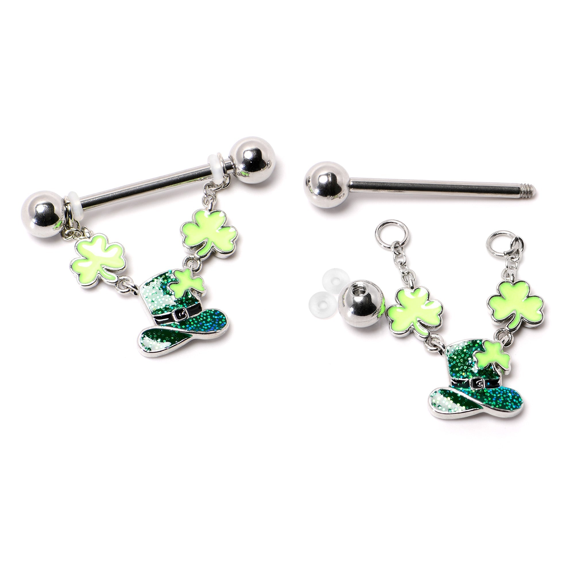 BodyCandy 14G 9/16 Glitter Top Hat Shamrock Chain Dangle Nipple Ring Set — alternative angle