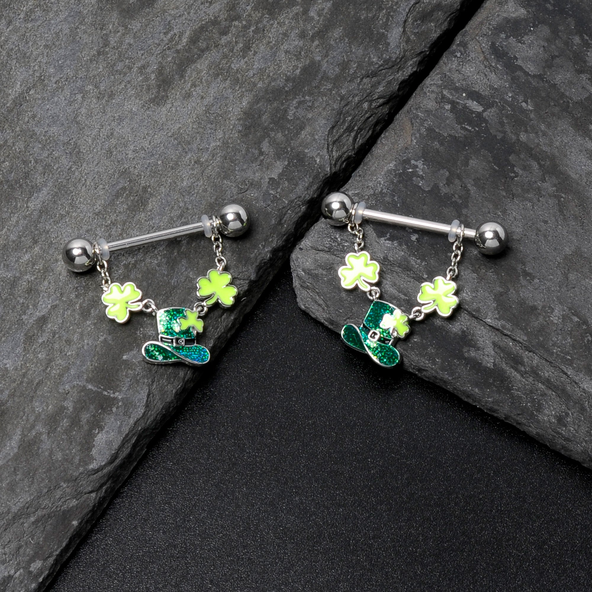 BodyCandy 14G 9/16 Glitter Top Hat Shamrock Chain Dangle Nipple Ring Set — in-use photo