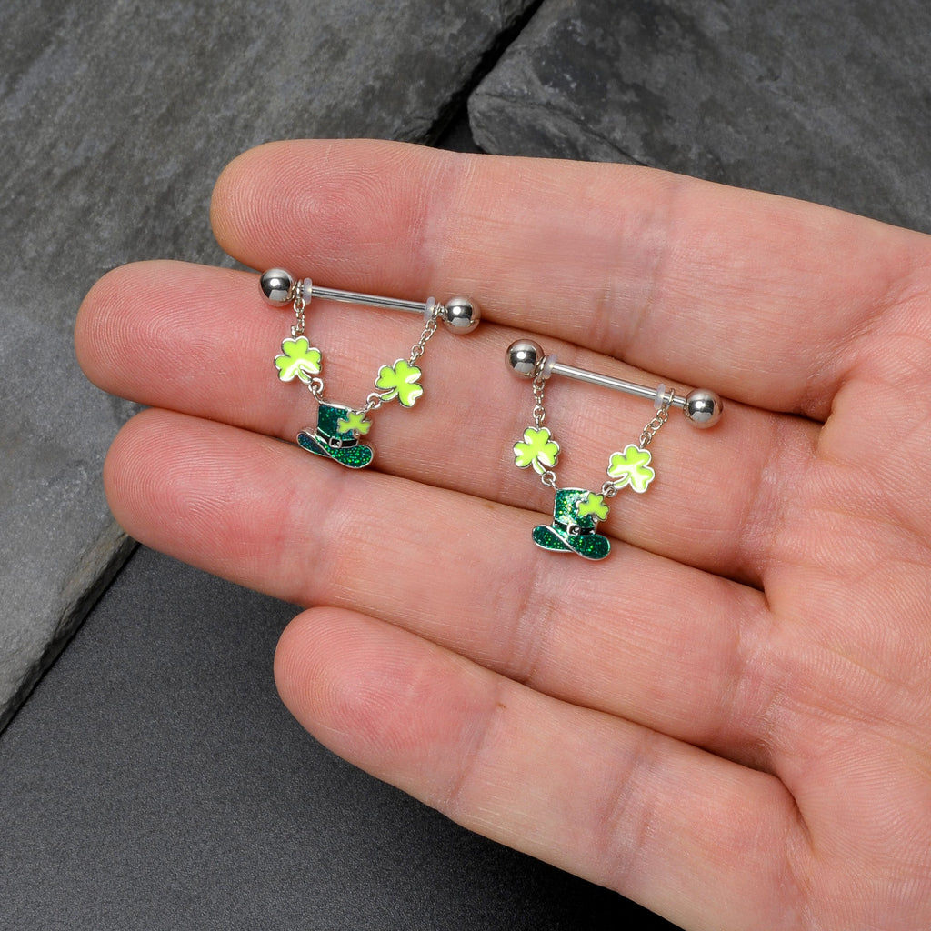 BodyCandy 14G 9/16 Glitter Top Hat Shamrock Chain Dangle Nipple Ring Set — size reference
