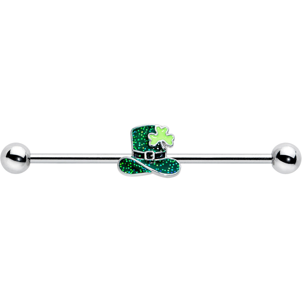 BodyCandy 14G Glitter Top Hat Shamrock St Patricks Industrial Barbell 38mm — detail close-up