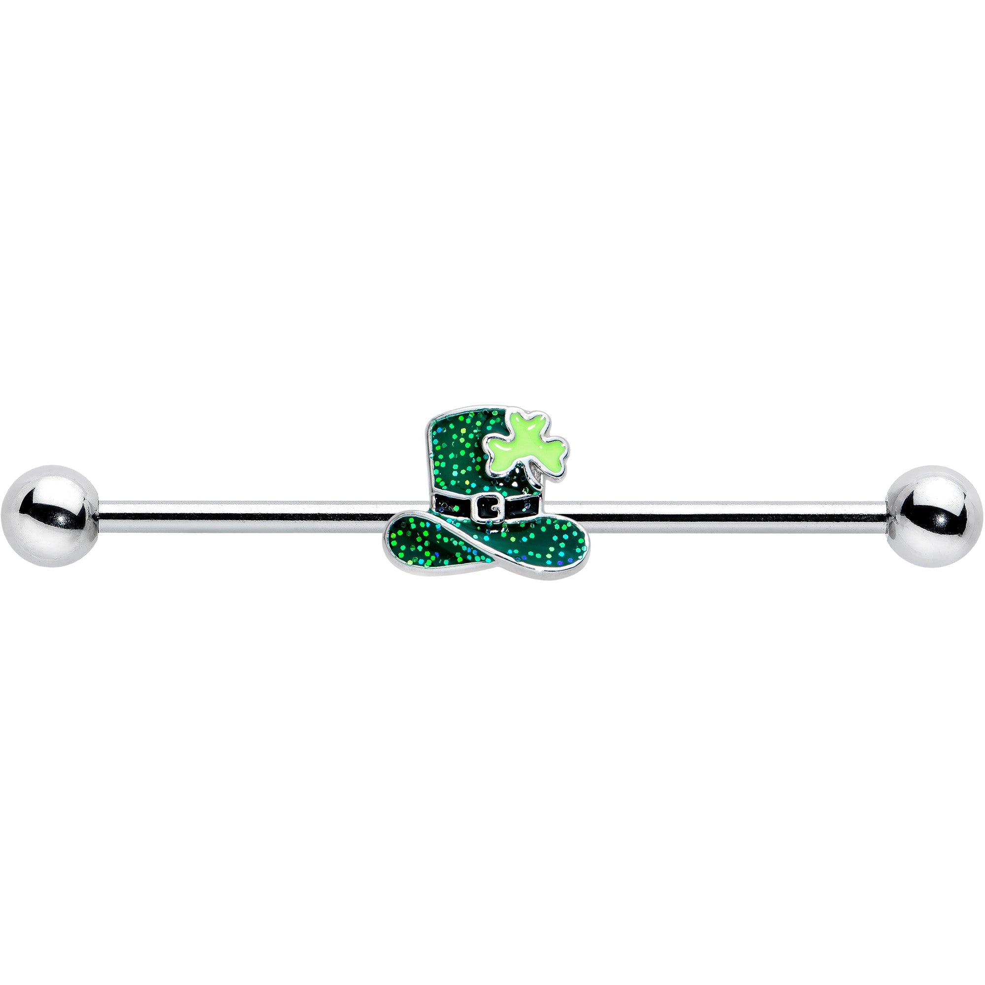 BodyCandy 14G Glitter Top Hat Shamrock St Patricks Industrial Barbell 38mm — detail close-up