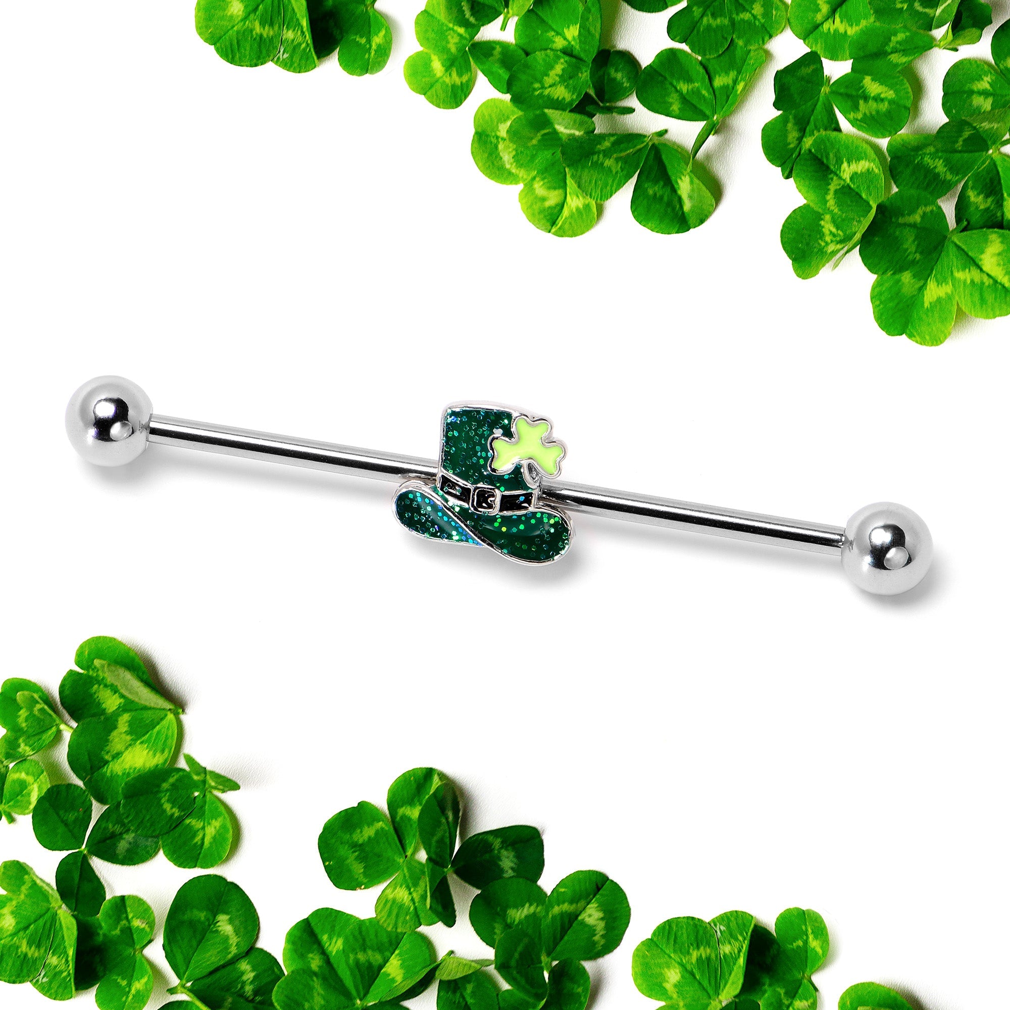 BodyCandy 14G Glitter Top Hat Shamrock St Patricks Industrial Barbell 38mm — side view