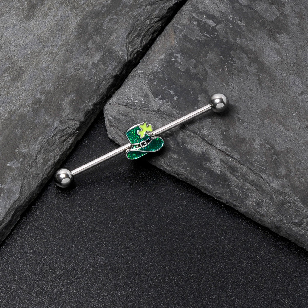 BodyCandy 14G Glitter Top Hat Shamrock St Patricks Industrial Barbell 38mm — in-use photo