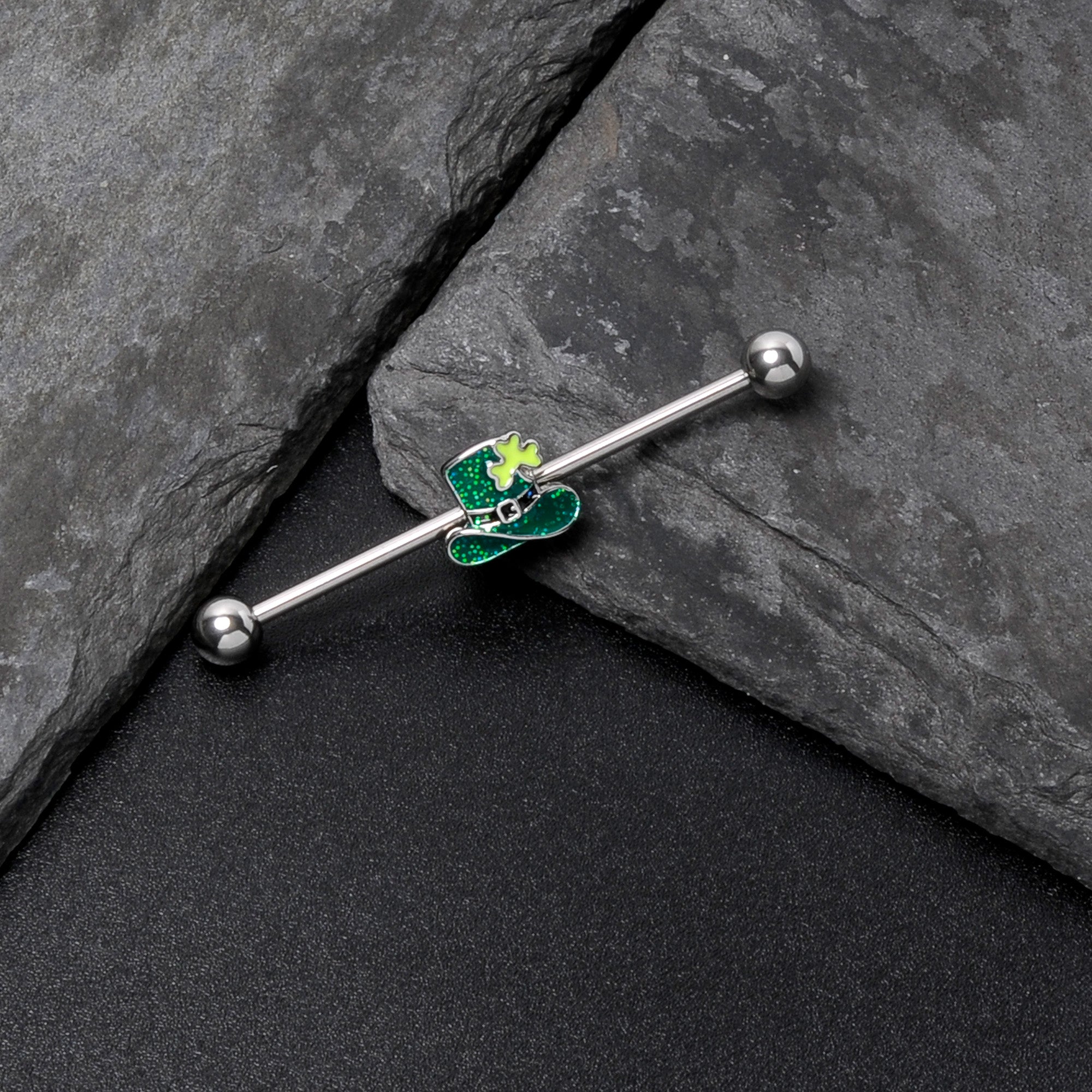 BodyCandy 14G Glitter Top Hat Shamrock St Patricks Industrial Barbell 38mm — in-use photo