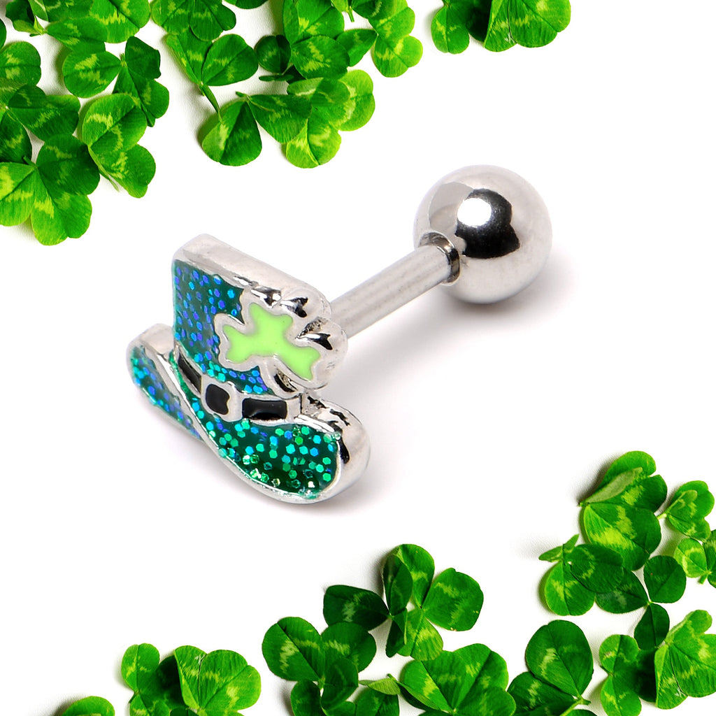 BodyCandy 16G 1/4 Glitter Top Hat Shamrock Cartilage Tragus Earring — back view