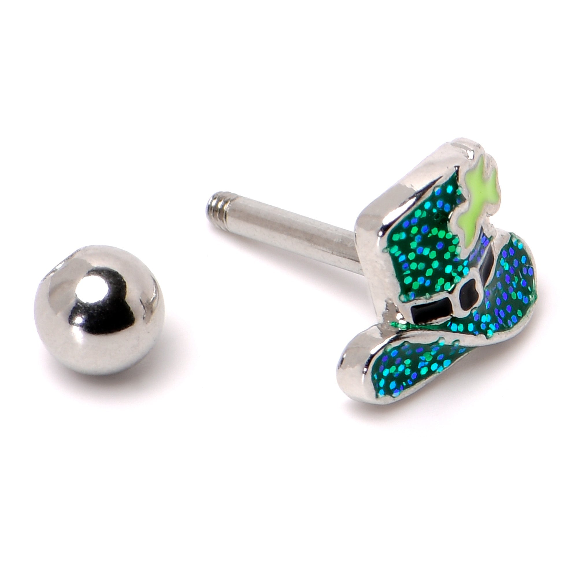 BodyCandy 16G 1/4 Glitter Top Hat Shamrock Cartilage Tragus Earring — alternative angle