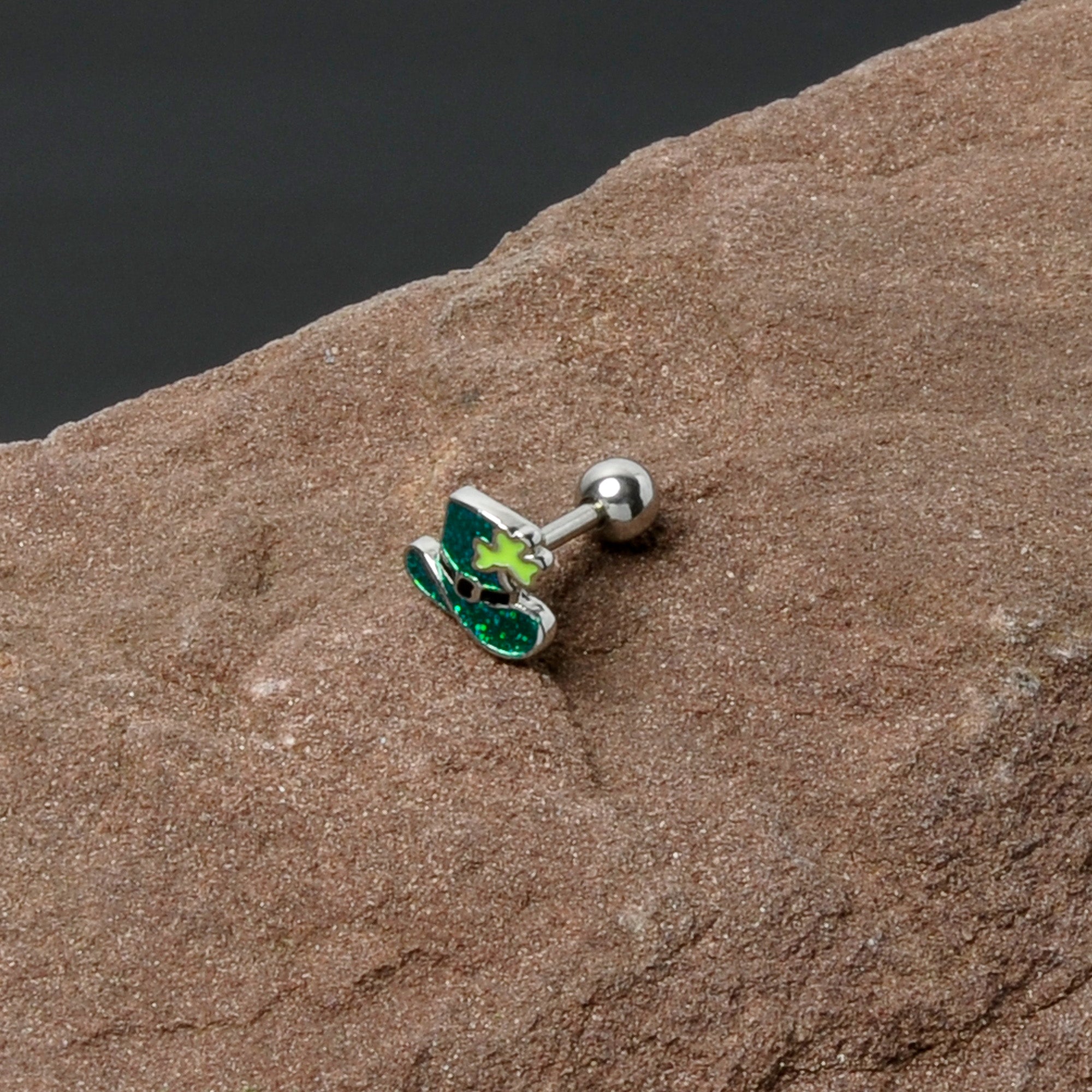 BodyCandy 16G 1/4 Glitter Top Hat Shamrock Cartilage Tragus Earring — in-use photo