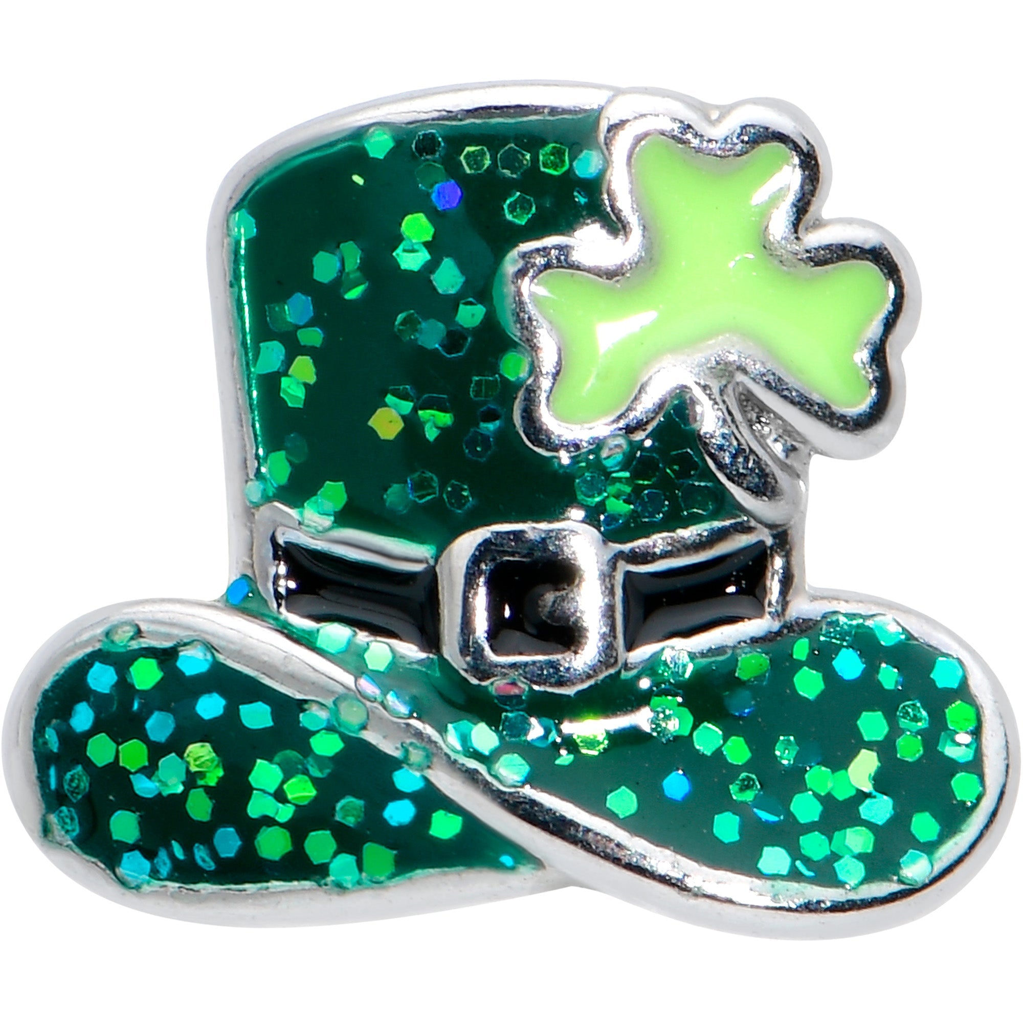 BodyCandy 16G 5/16 Glitter Top Hat Shamrock St Patricks Labret Monroe Tragus — detail close-up