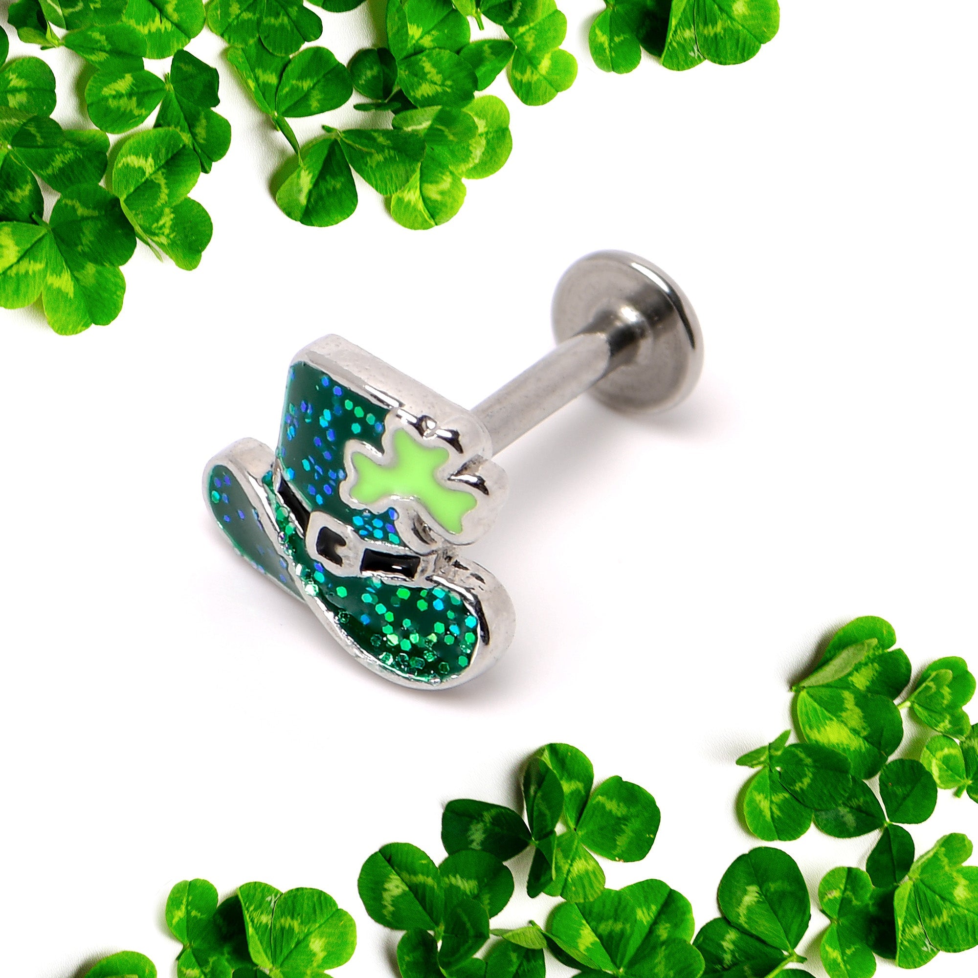 BodyCandy 16G 5/16 Glitter Top Hat Shamrock St Patricks Labret Monroe Tragus — back view