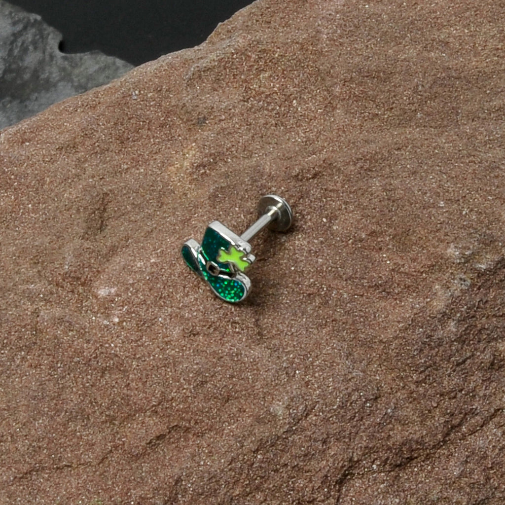 BodyCandy 16G 5/16 Glitter Top Hat Shamrock St Patricks Labret Monroe Tragus — in-use photo