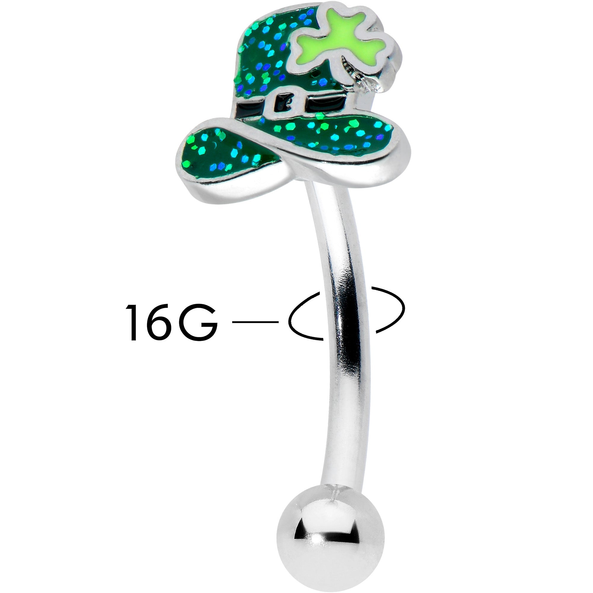 BodyCandy 16G 5/16 Glitter Top Hat Shamrock St Patricks Curved Eyebrow Ring — detail close-up